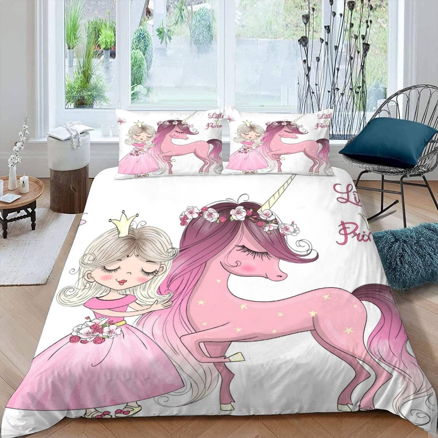 MEVASA Princess Bedding Double Bed Set Microfiber Teenager Bedding Cartoon Horse 3D Bedding Set for Small Double 3Pcs Anti Allergic Double Duvet Cover Set with Zipper /200x200