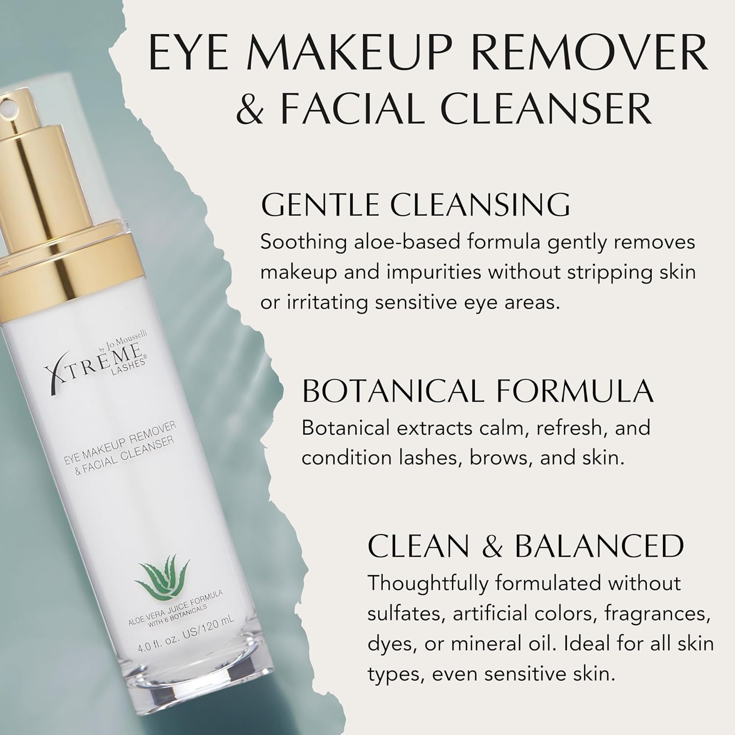 Xtreme Lashes Eye Makeup Remover & Facial Cleanser, Liquid Pump Gentle Face Wash, Lash Extension Safe, with Aloe Vera, Coconut and Botanicals, For All Skin Types