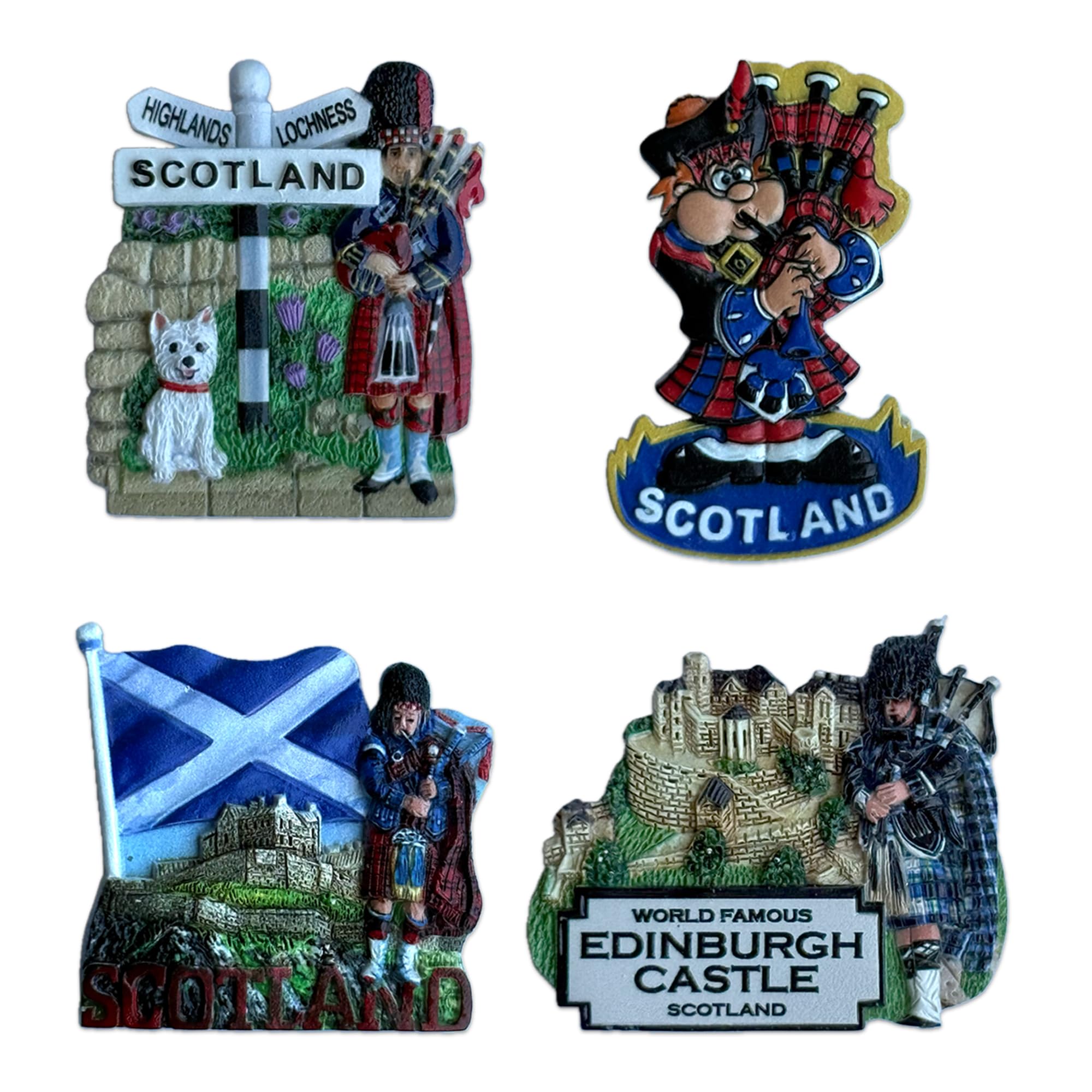 Lilaj Multicolor Scotland Fridge Magnet Set Of 4 – Handcrafted Resin Souvenirs Featuring Edinburgh Castle, Westie Dog, Highland Bagpipes, Saltire Flag & Thistle – Scottish Heritage Travel Gift & Home Décor