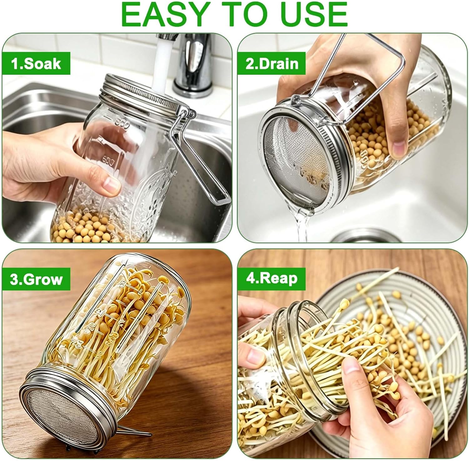 SonKu Sprouting Lids for Mason Jars, Stainless Steel Wide Mouth Seed Sprouting Kit, Sprouting Jar Lid for Growing Broccoli, Alfalfa, Beans, 3Pack
