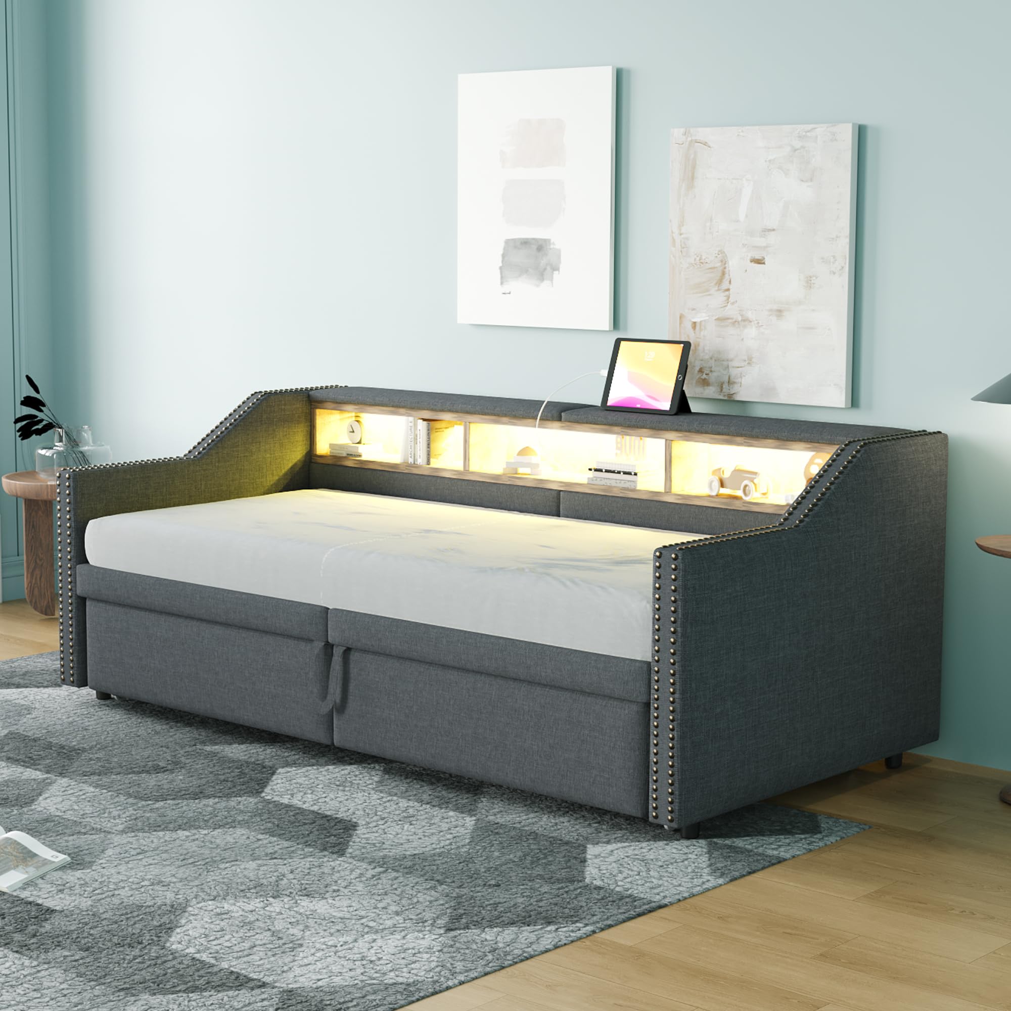 Divano letto imbottito allungabile 90/180 x 200 cm, vano portaoggetti multifunzione, luce LED e presa USB, con rete a doghe, grigio scuro