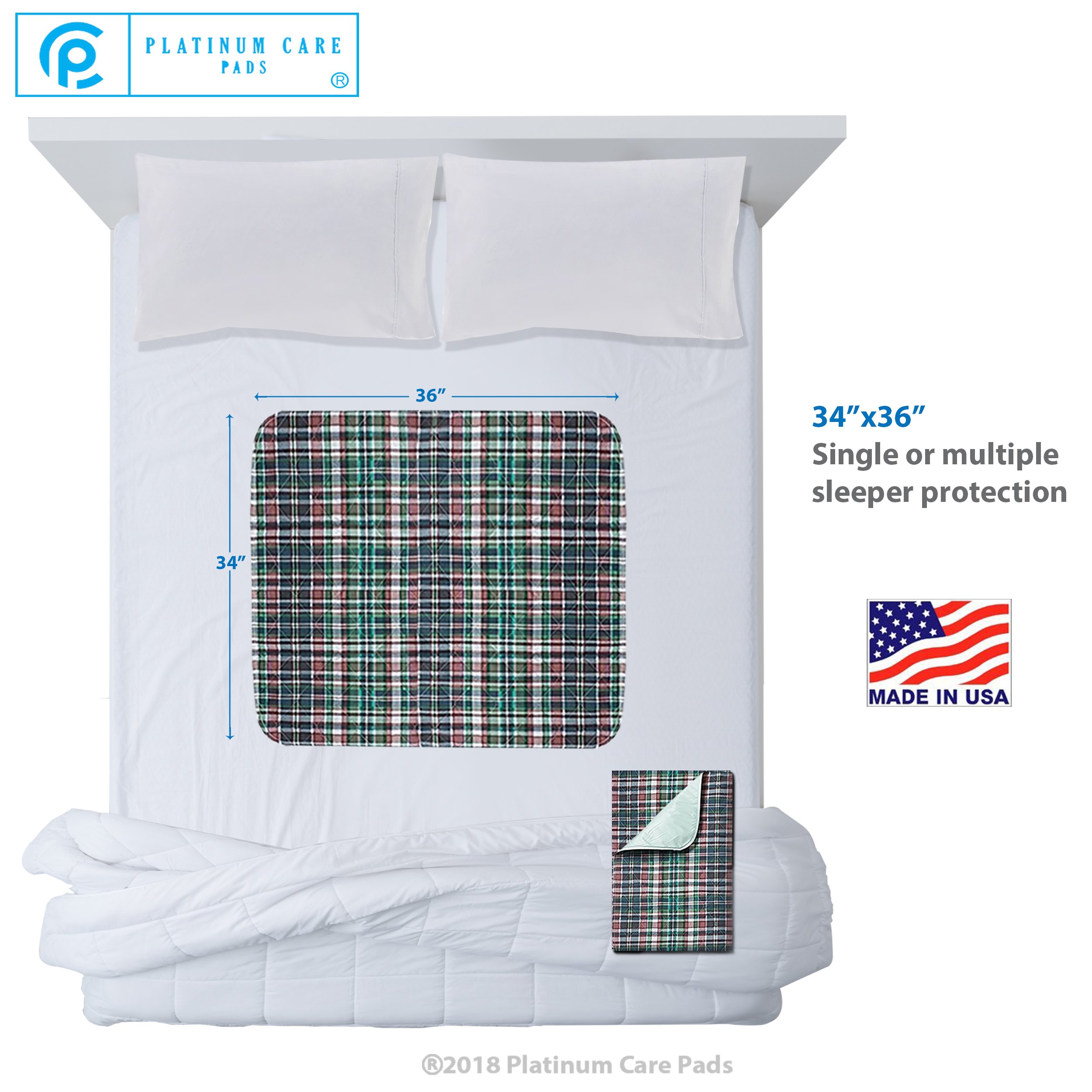 Platinum Care Pads Washable Reusable Bed Pads for Incontinence - Size 34x36 Plaid (6)