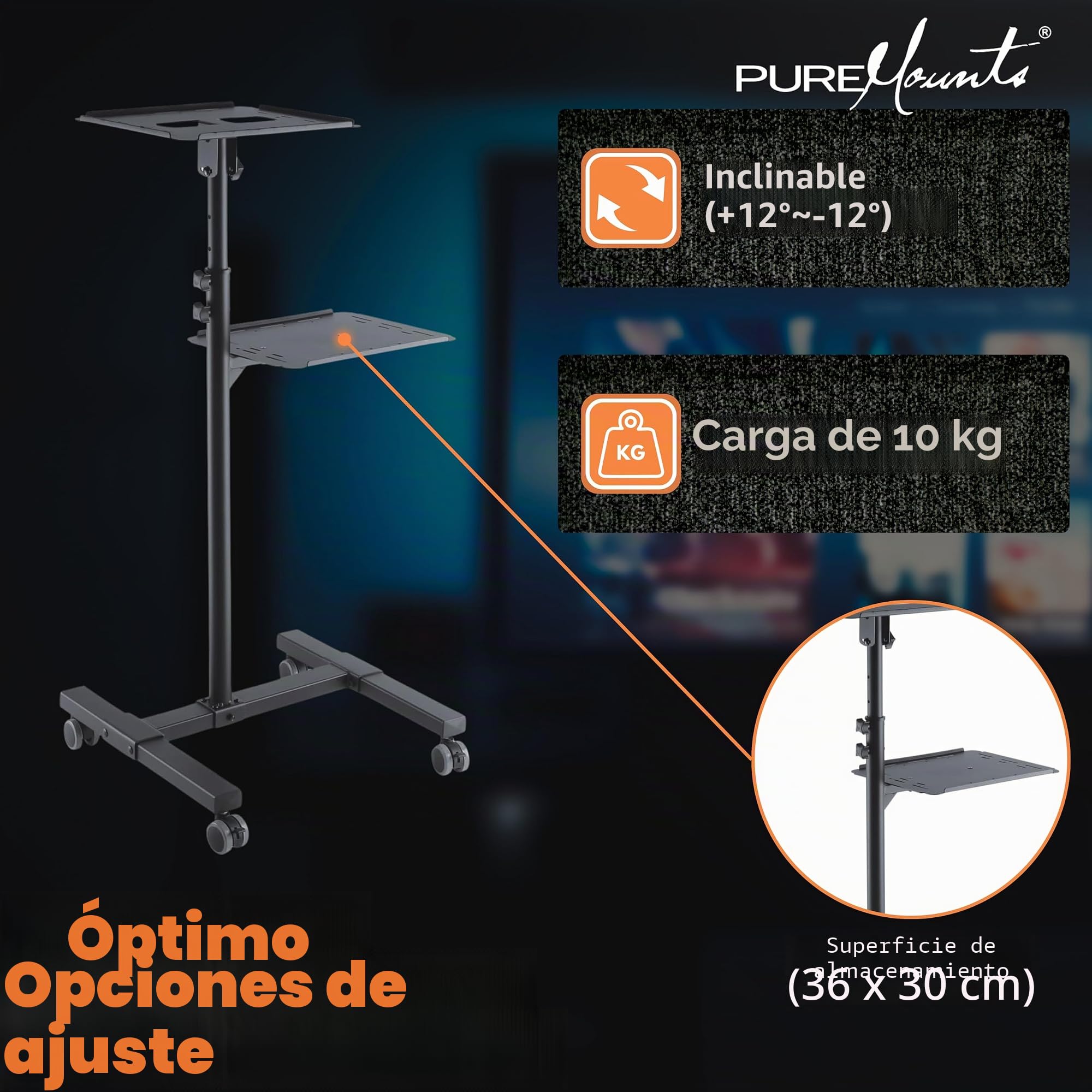 PureMounts Carro de proyección inclinable/Mesa de proyección para proyectores, Ajustable de Forma Flexible (950 mm a 1450 mm), Ruedas bloqueables, Capacidad de Carga de 10 kg, Color Negro.