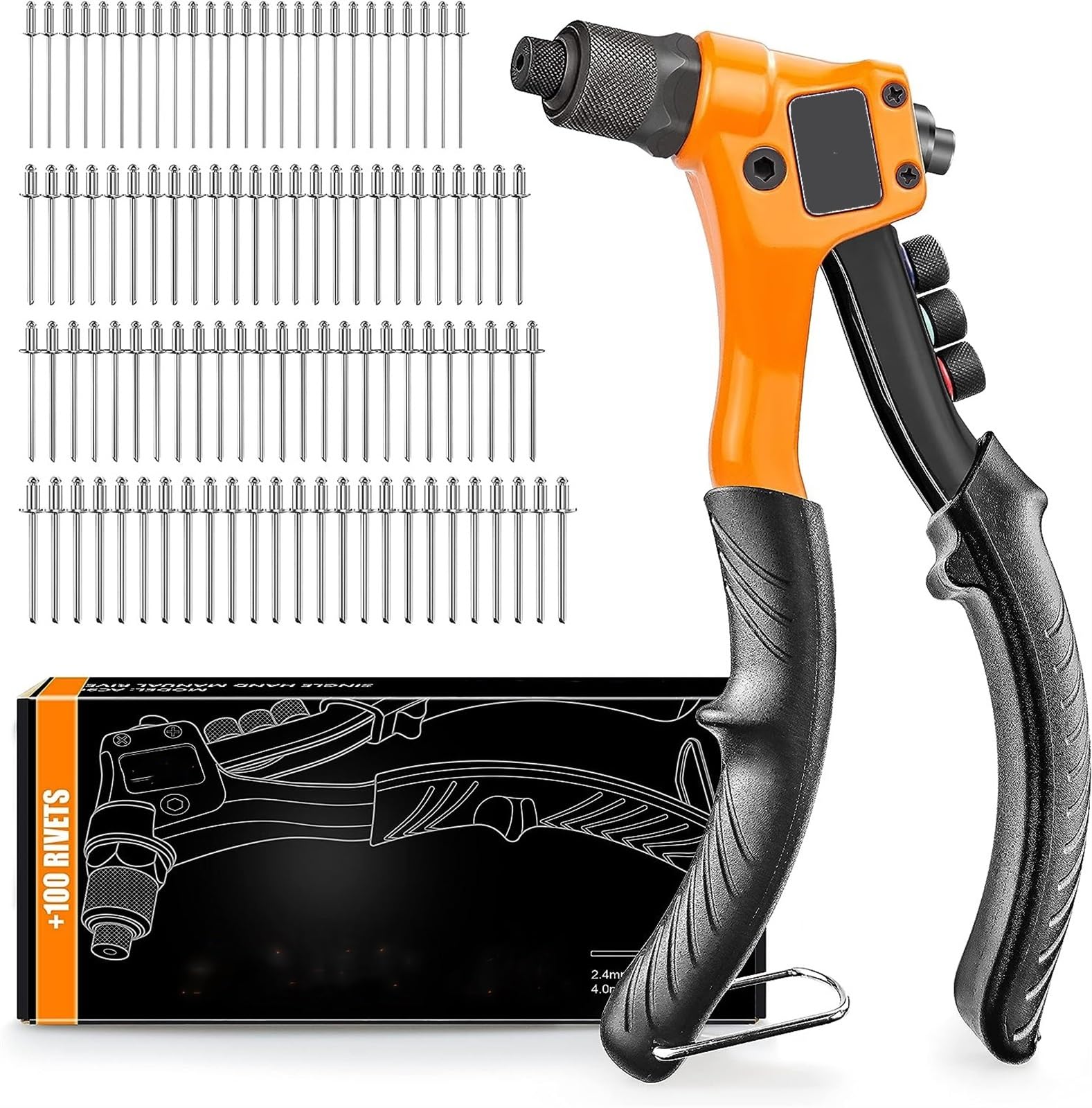 THE WHITE SHOP Rivet Gun, 14" Manual Hand Riveter with 100 Pcs Rivets, Heavy Duty Riveter with 4 Nosepieces for Plastic Metal Leather Vehicle