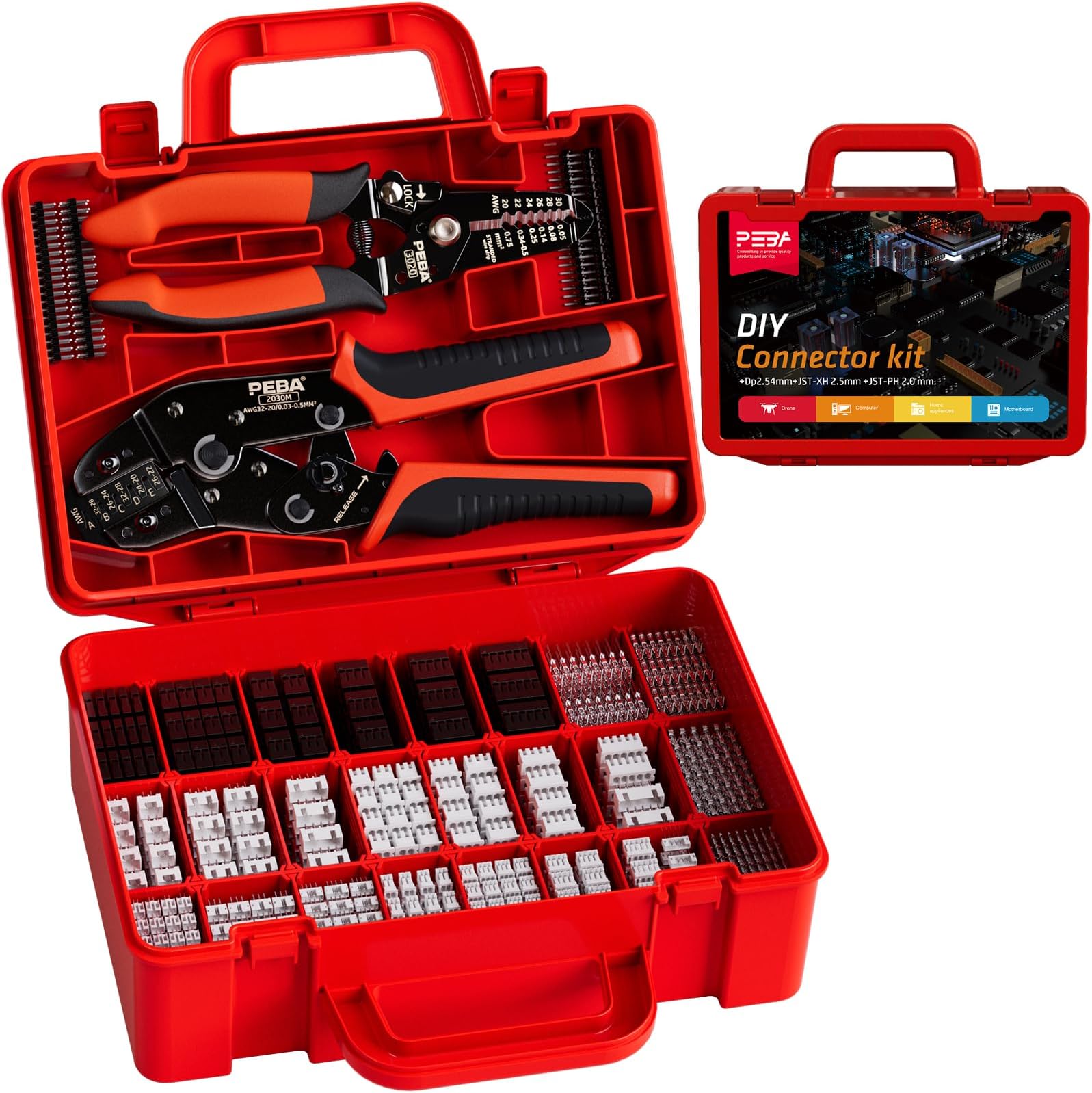 PEBA Crimping Tool and Dupont Connector Kit - 28 Types of Dupont 2.54 mm Connectors & Crimp Pins, 2.0 mm JST-PH & 2.5mm JST-XH Housings and Contacts, for DIY Electronics - Suitable for AWG 32-20 Wires