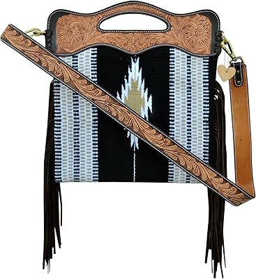 Affilare Saddle Blanket Shoulder Bag with Fringes and Hand Tooled Strap and Hand tooled Handle Panels 20AB006, Black White Tan