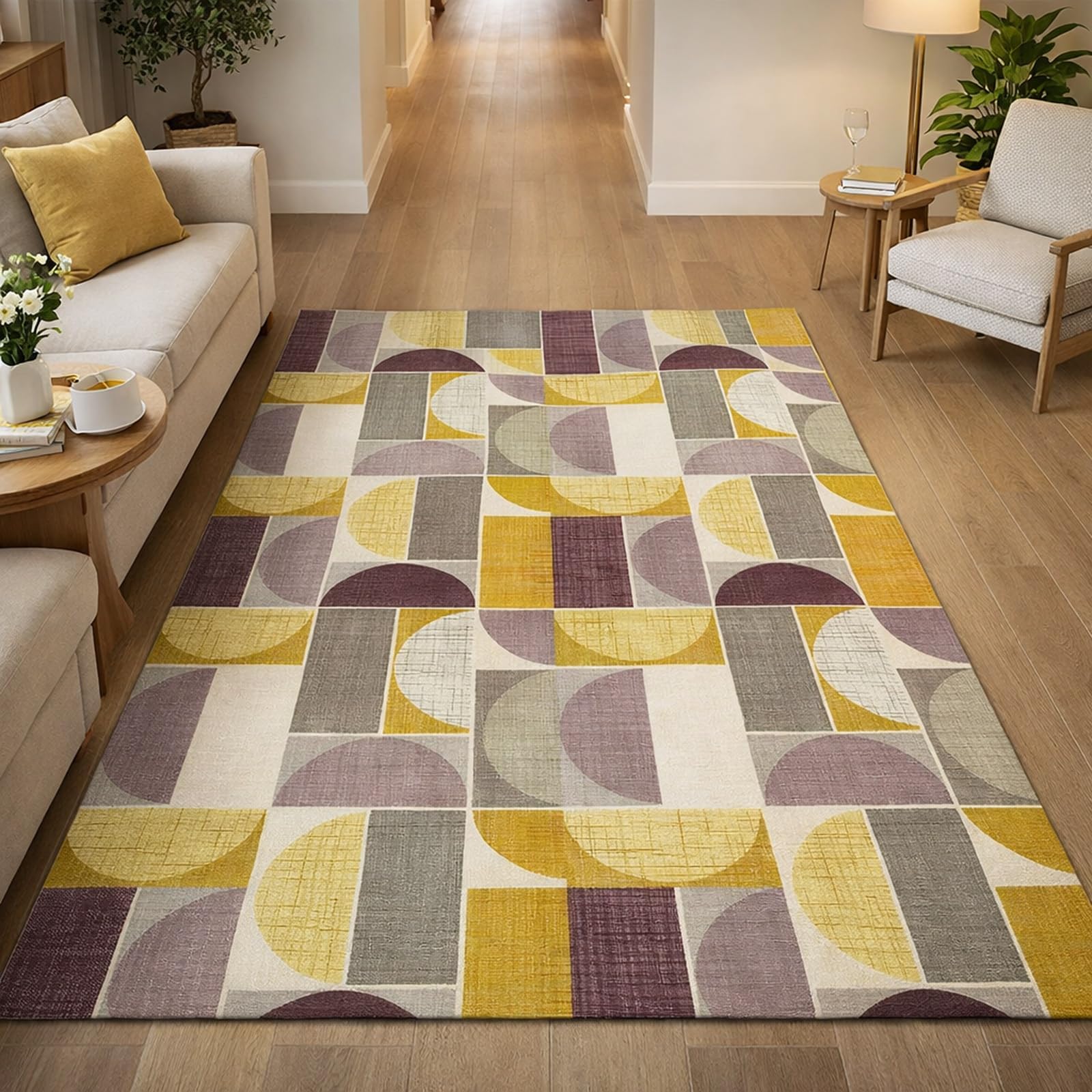 Tapis salon géométrique moderne jaune violet 160x230 cm pour grande chambre