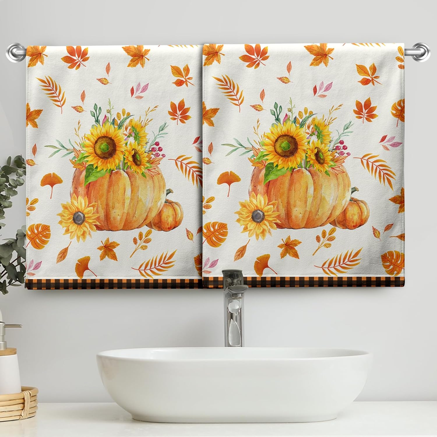 Lealeg Fall Hand Towels Buffalo Plaid Maple Leaves Bathroom