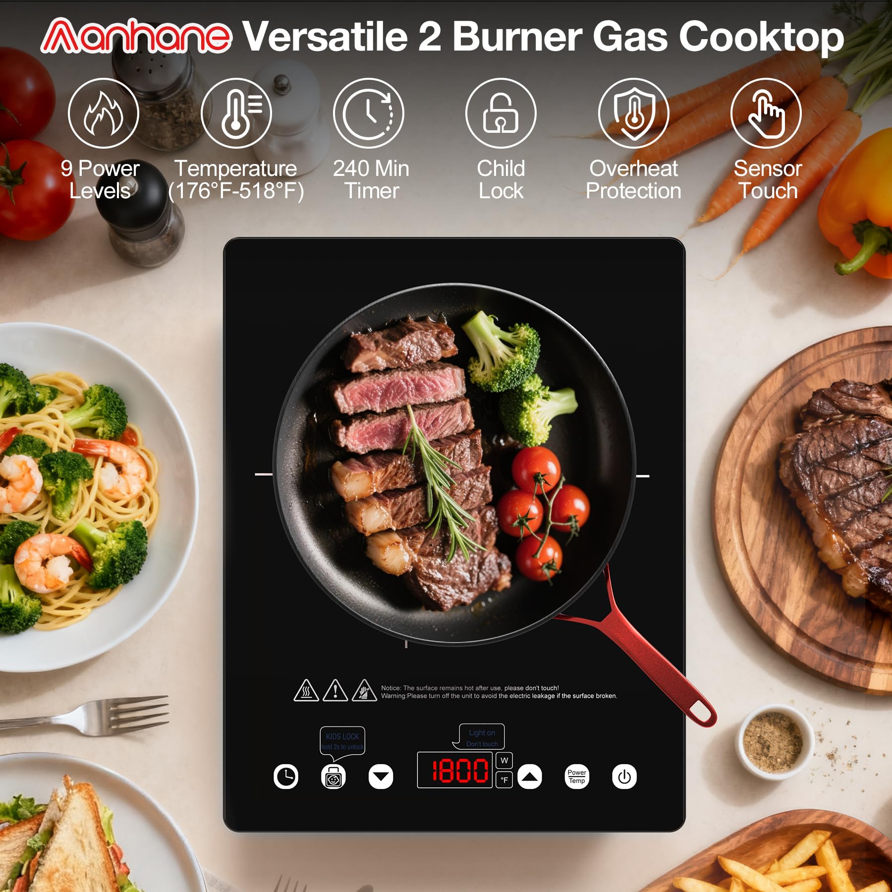 Portable Induction Cooktop 110v,1800W Countertop Single Burner Induction Hot Plate,ANHANE Electric Stove for Cooking,3-Hour Setting,Grey Crystal Glass Surface,Compatible with Magnetic Cookware view 2