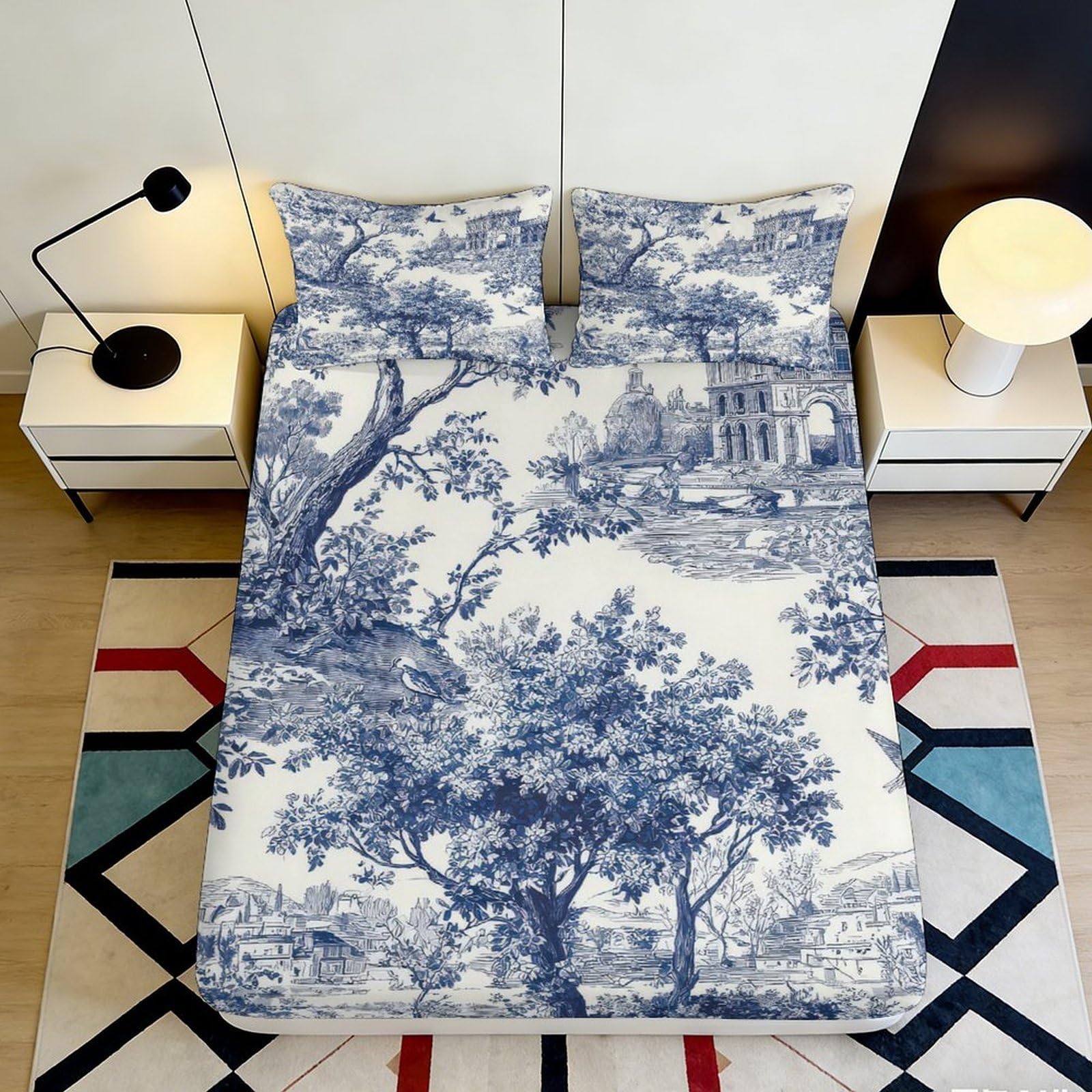 3D Printed Vintage Landscape Fitted Sheet Microfiber Breathable Blue Toile Mattress Cover for Bedroom Guest Room 120x200x25cm