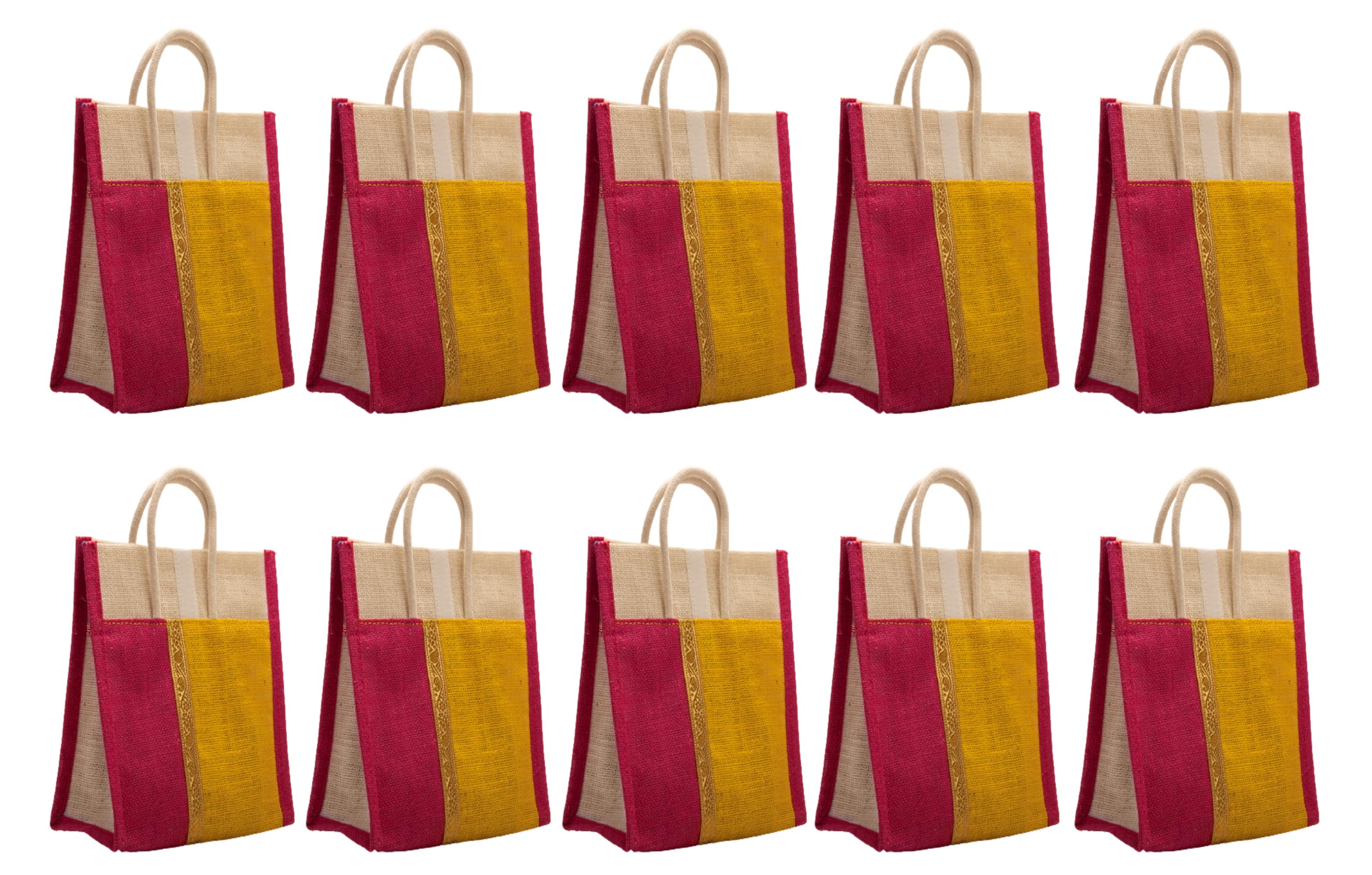 Soman Jute Thamboolam (Large) Bags for Return Gifts Lime Yellow and Hot Pink Combo - Pack of 10 bags