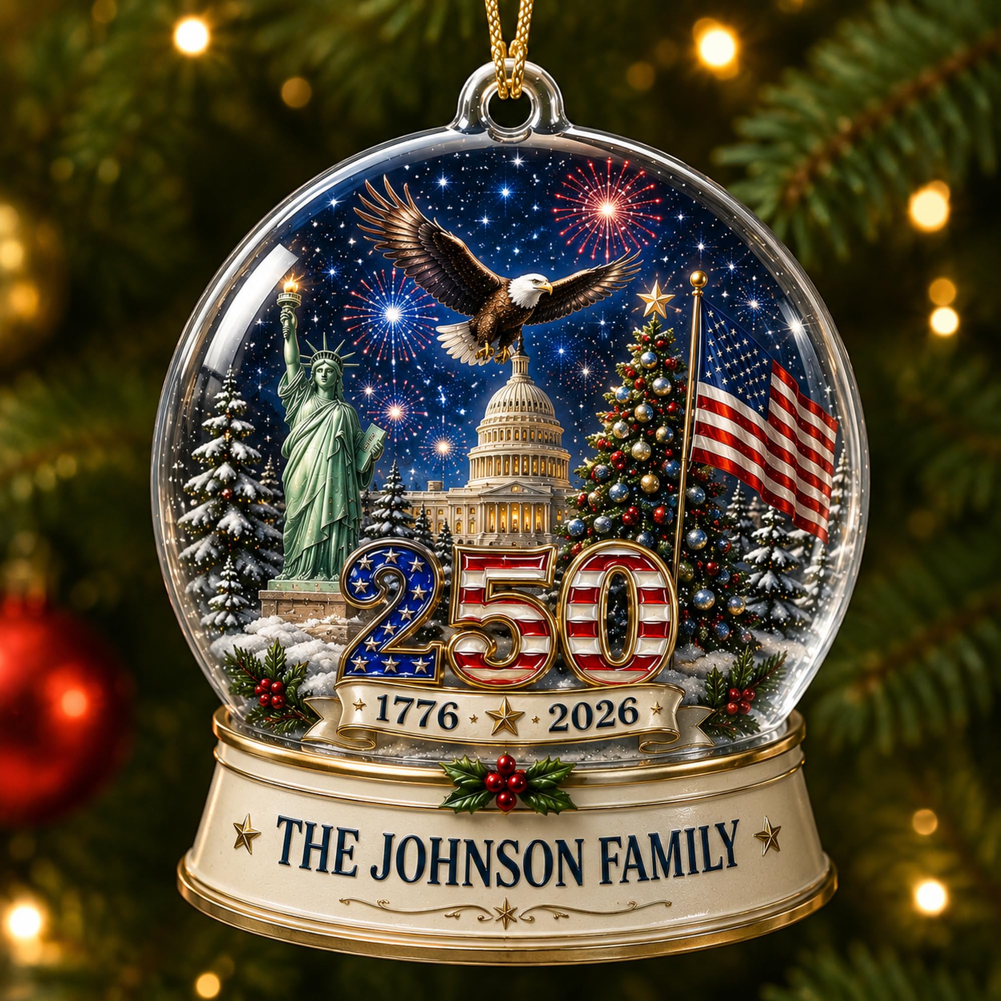 [Made in USA] Personalized 250th Anniversary USA Flat Acrylic Christmas Ornament, Custom Family Name Patriotic Snow Globe Ornament, 1776-2026 250 Years of Freedom Holiday Keepsake Gift