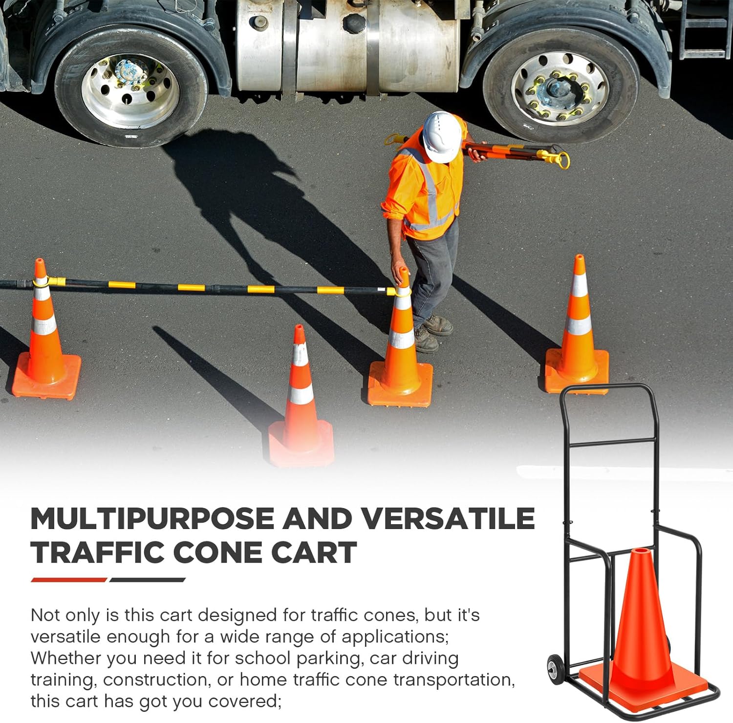 Traffic Cone Cart with Wheels 350 Lbs Capacity Storage Dolly Holder 18.5 w x 19.5 d x 49 h Black Traffic Cone Cart for Construction, Parking Lots, Schools, Car Driving Training