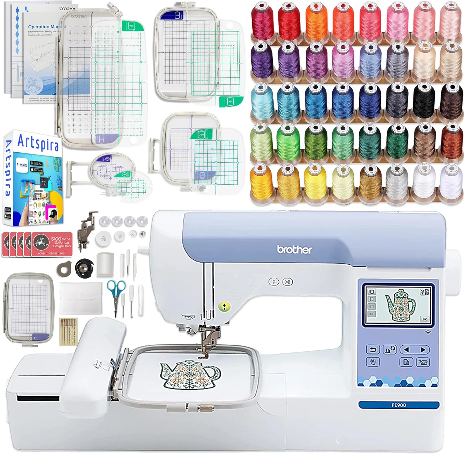 Brother PE900 5" x 7" Embroidery Machine with 5pc Embroidery Hoop Set, Embroidery Threads, & Accessories
