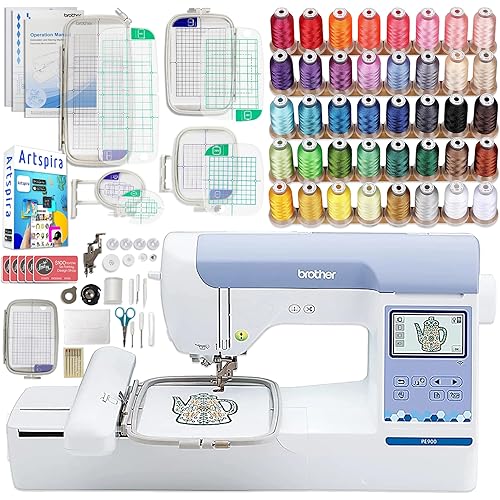 Brother PE900 5" x 7" Embroidery Machine with 5pc Embroidery Hoop Set, Embroidery Threads, & Accessories