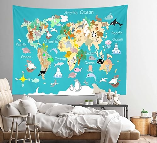 Miniatura 4 de BELECO Tapiz de mapa del mundo para colgar en la pared, diseño de criaturas marinas de animales y animales, tapiz para decoración de habitación de