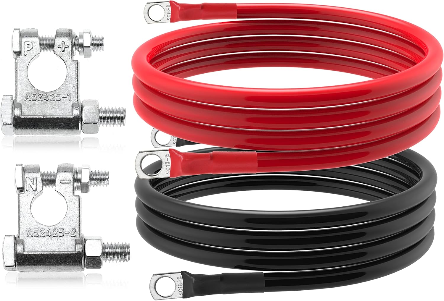 6 AWG Battery Cable 6 Gauge Battery Wires with 5/16 terminals Power Inverter Cables for Solar Boat Marine RV Car (5FT, with 3/8"+5/16" Top Post Set)