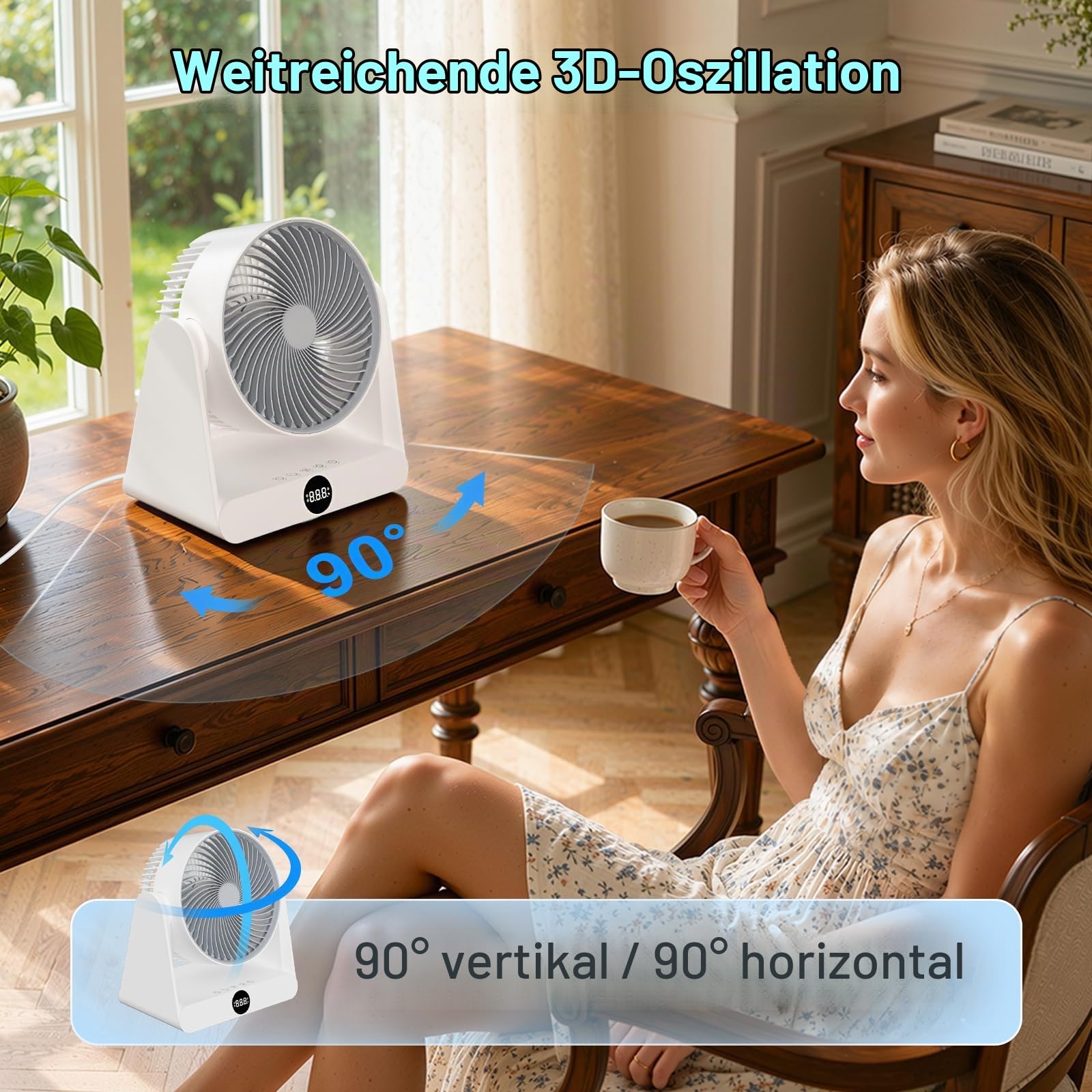 Leiser Ventilator mit Fernbedienung,Tischventilator 28 DB,12-Geschwindigstufe 12H Timer, 90° Auto oszillierend,DC-Frequenzumwandlung, 3D Turbo-Luftzirkulator, für Büro, Schlafzimmer, 30 m²