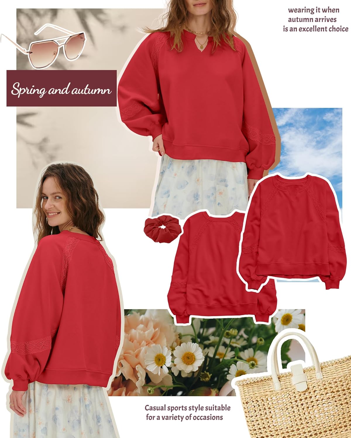 Gacaky Sweatshirt for Women Oversized Fleece Embroidered Crochet Cropped Pullover Tops Fall Fashion Outfits Clothes - Image 4