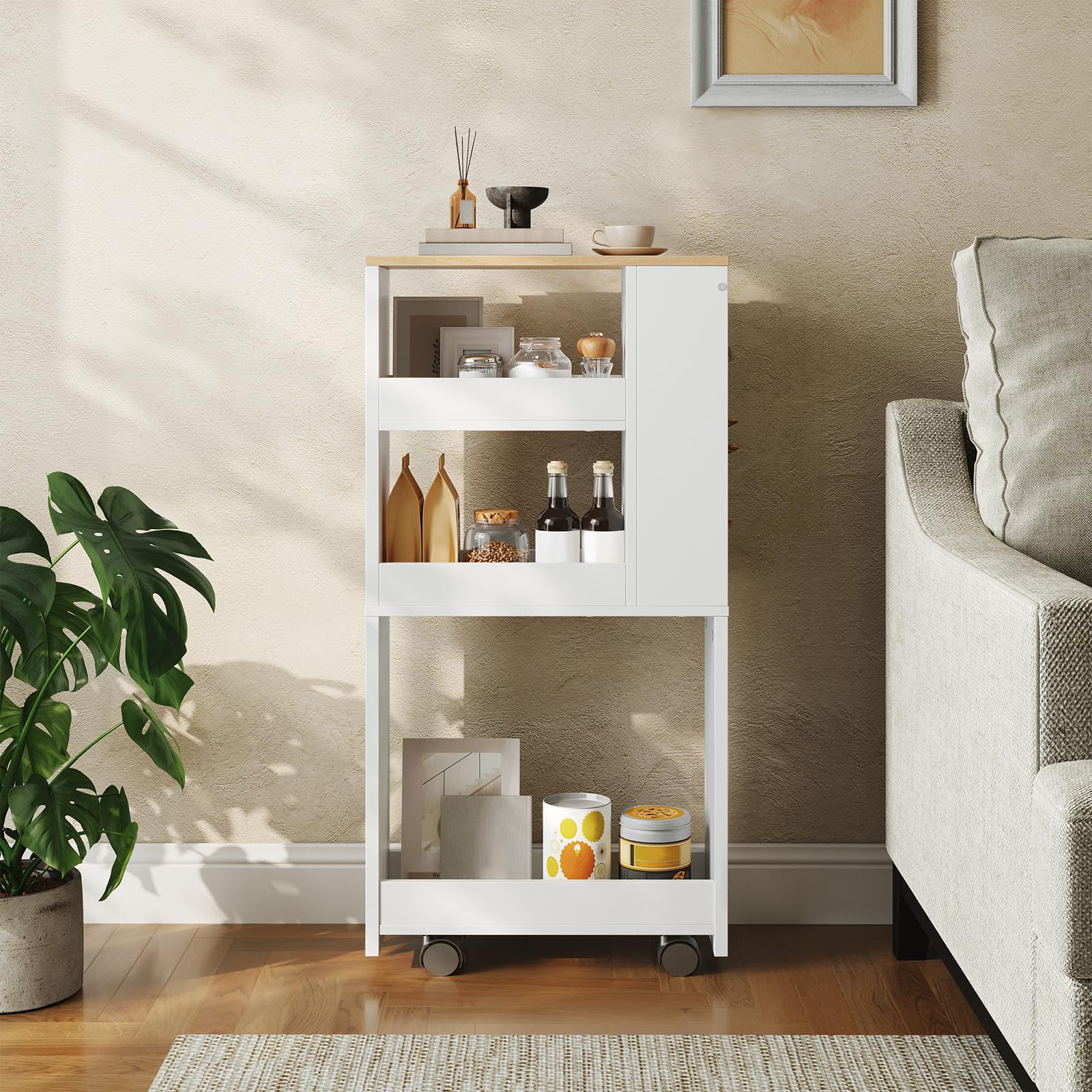 HOOBRO Carro Estrecho de 4 Niveles, 40 x 15 x 85,5 cm, con 4 Ruedas Giratorias Bloqueables, para Espacio Pequeño, Cocina, Baño, Sala de Estar, Blanco y Natural EWN84TC01