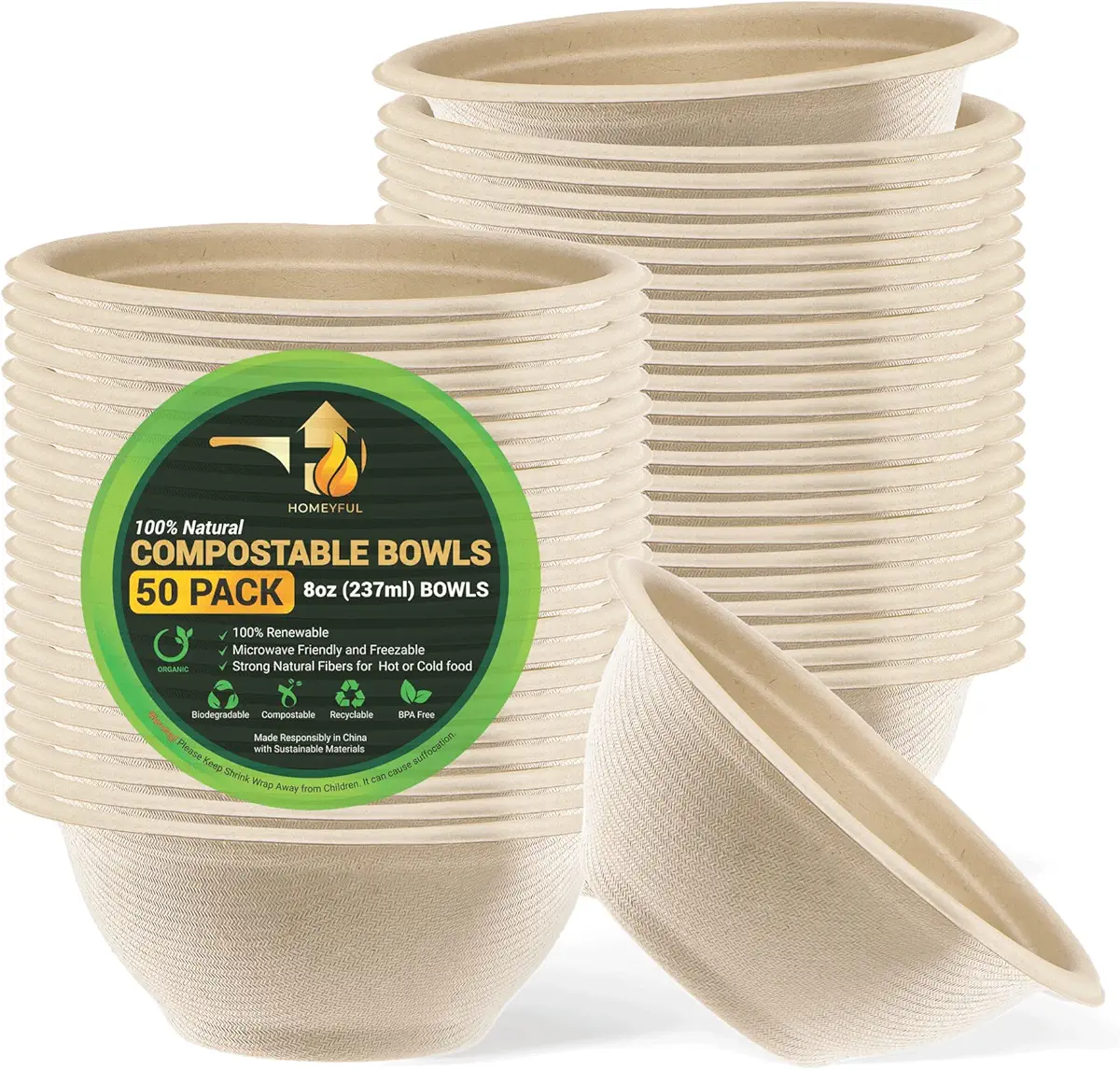 Disposable Paper Bowls - 50pack 8oz Compostable Paper Bowls- For Condiments, Ice Cream, Chili, Dessert and Chip Dips- Made of Natural Sugarcane Bagasse- Eco-friendly, Biodegradable and Microwave-Safe