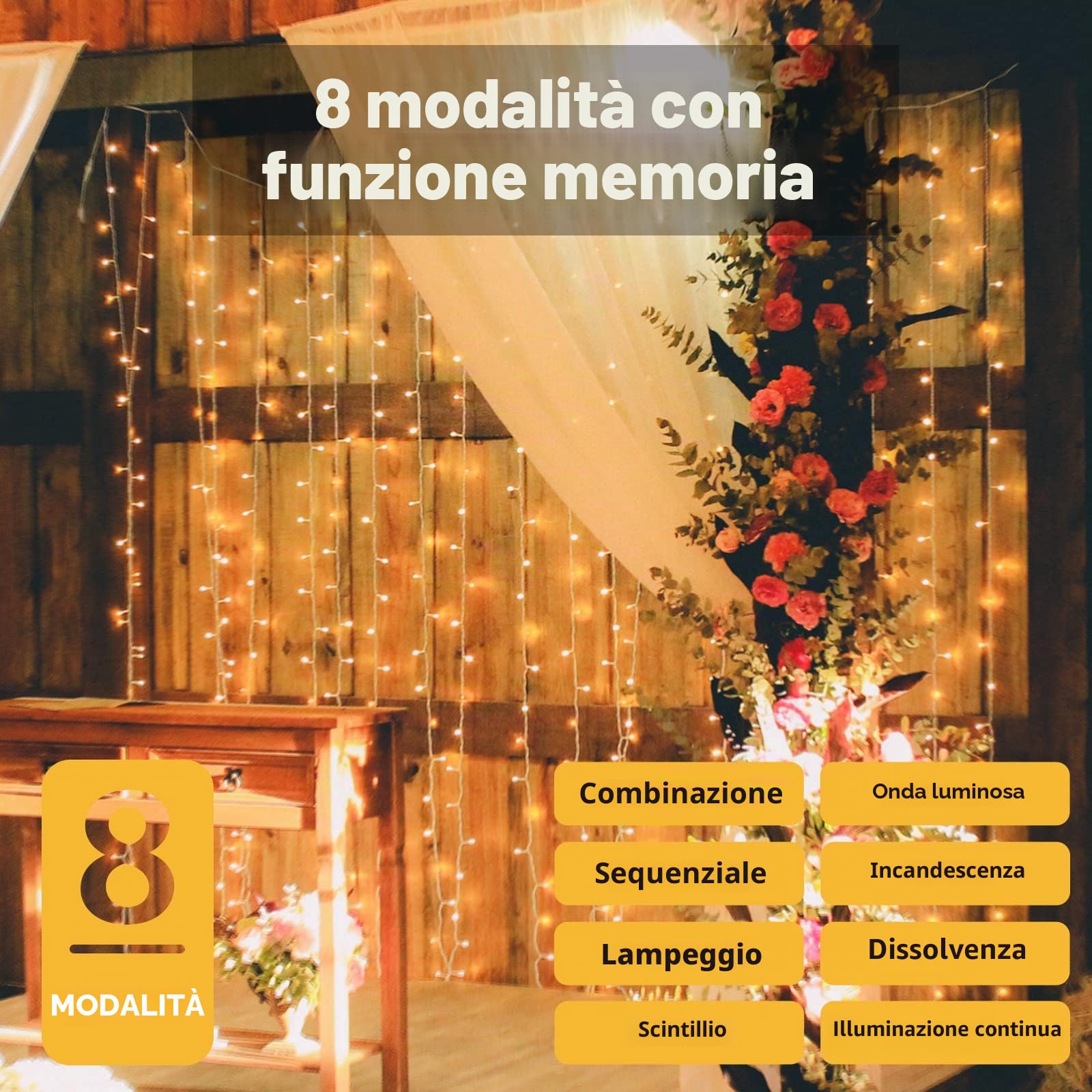 SALCAR Cascata luminose per Finestra Balcone 6 x 3m 600er LED String Impermeabile 8 Modalità, Funzione Memoria Lucine per soggiorno, giardino, terrazza, TV sfondo, cortile ecc. - Bianco caldo