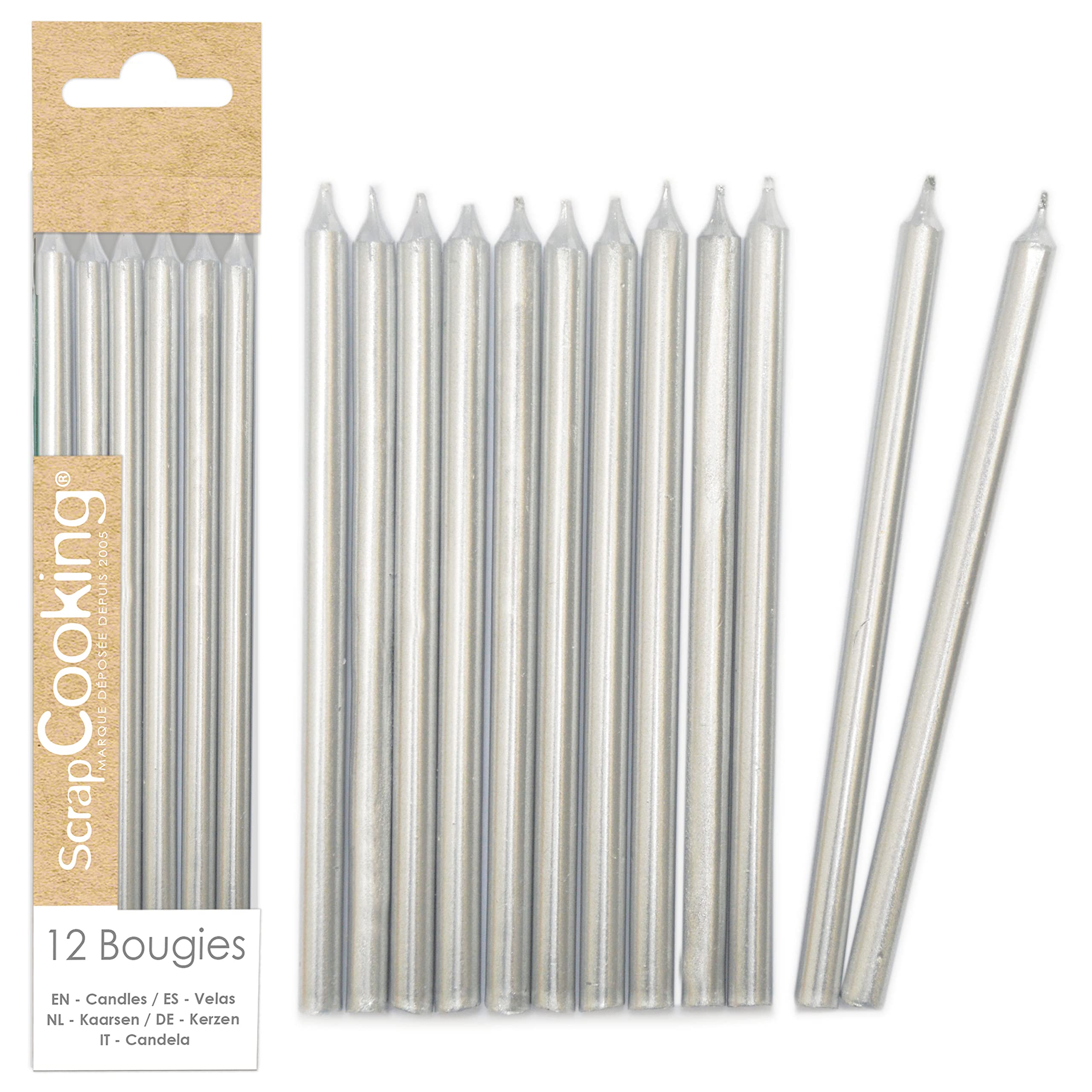 ScrapCooking Bougies longues argentées Bougies argent gâteau anniversaire - Décoration enfant adulte - En paraffine avec pics