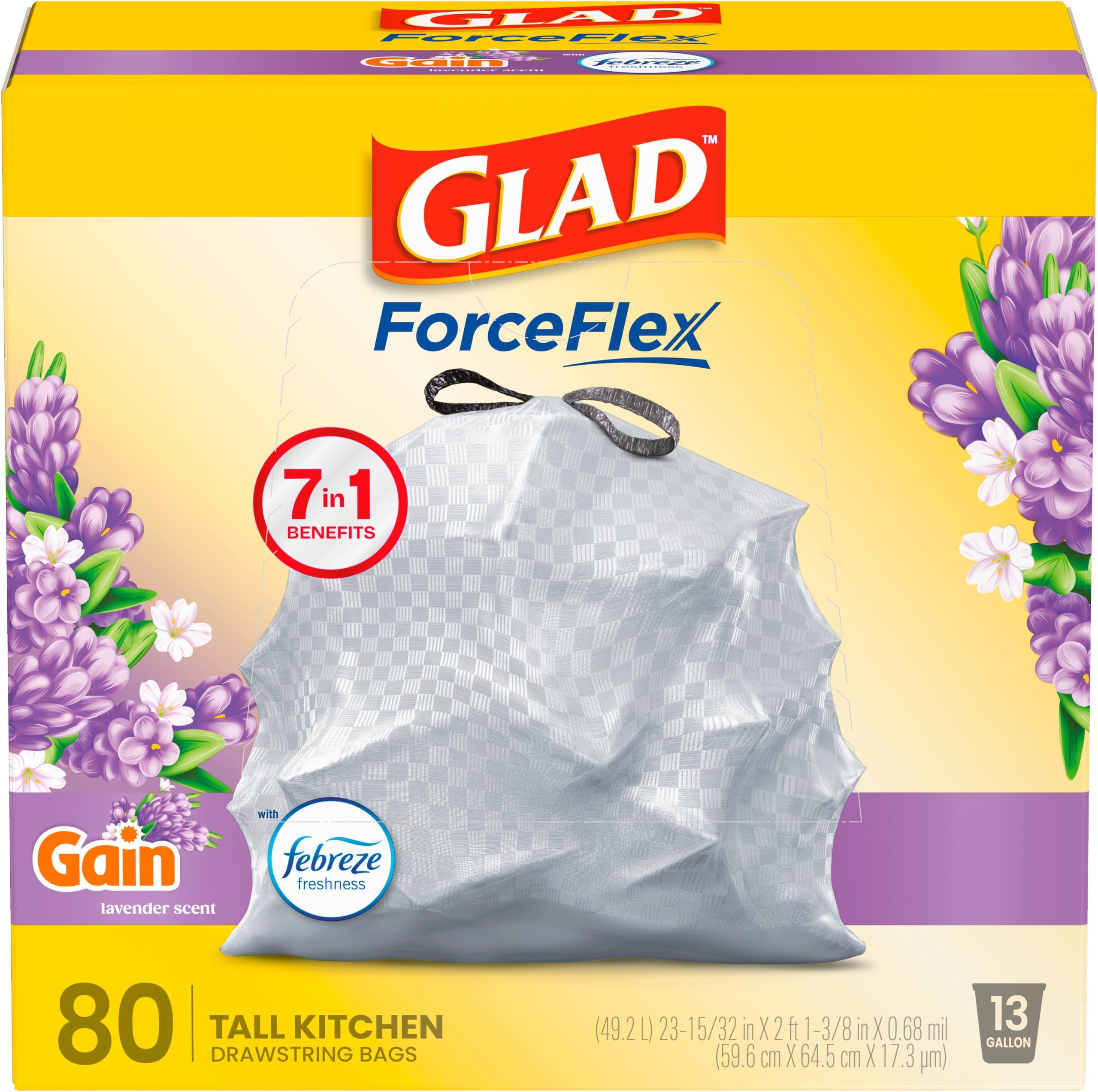 ForceFlex Tall Kitchen Drawstring Trash Bags, 13 Gal, Gain Lavender, 80 Ct (Package May Vary)
