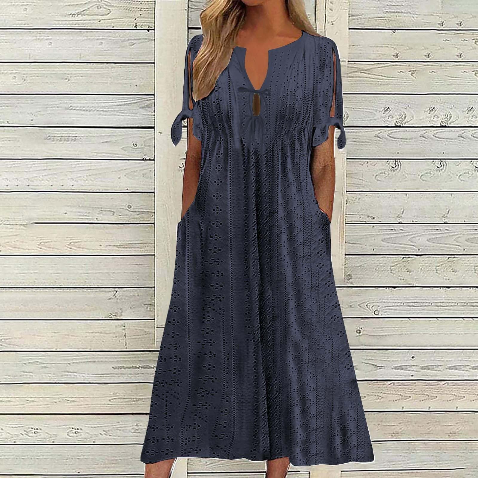 Boho-Kleider für Damen, Vintage, Sommer, locker, kurzärmelig, Strandkleid, schwingend, A-Linie, Bohemian-Blumendruck, Tunika-Kleid für den Alltag, Brautjungfernkleider mit Taschen