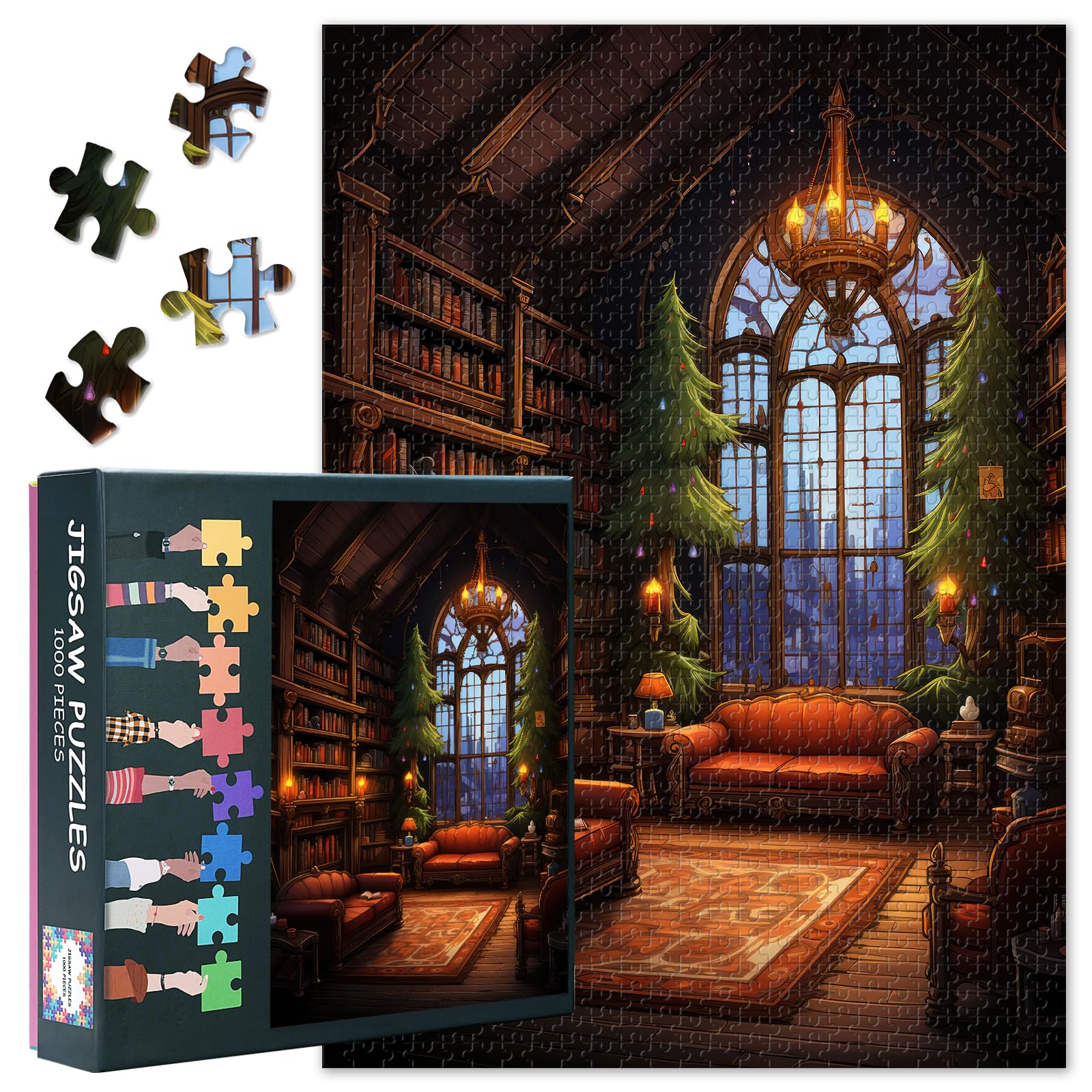 Bookshelf Jigsaw Puzzles for Adults 1000, Difficult Family Puzzle Educational Games Home Decoration Vintage Christmas Theme, Challenging Puzzles for Adults Men & Women Gift (27.5"x19.7")