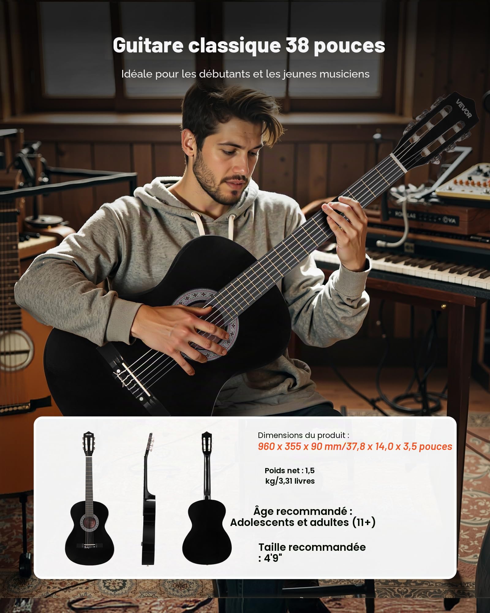 VEVOR Guitare Classique Débutants, 96 cm, avec Cordes Nylon, Housse de Transport, Sangle, Accordeur, Cordes Supplémentaires, Médiators, Capodastre, en Tilleul, pour Adolescent, Adulte, Étudiant, Noir