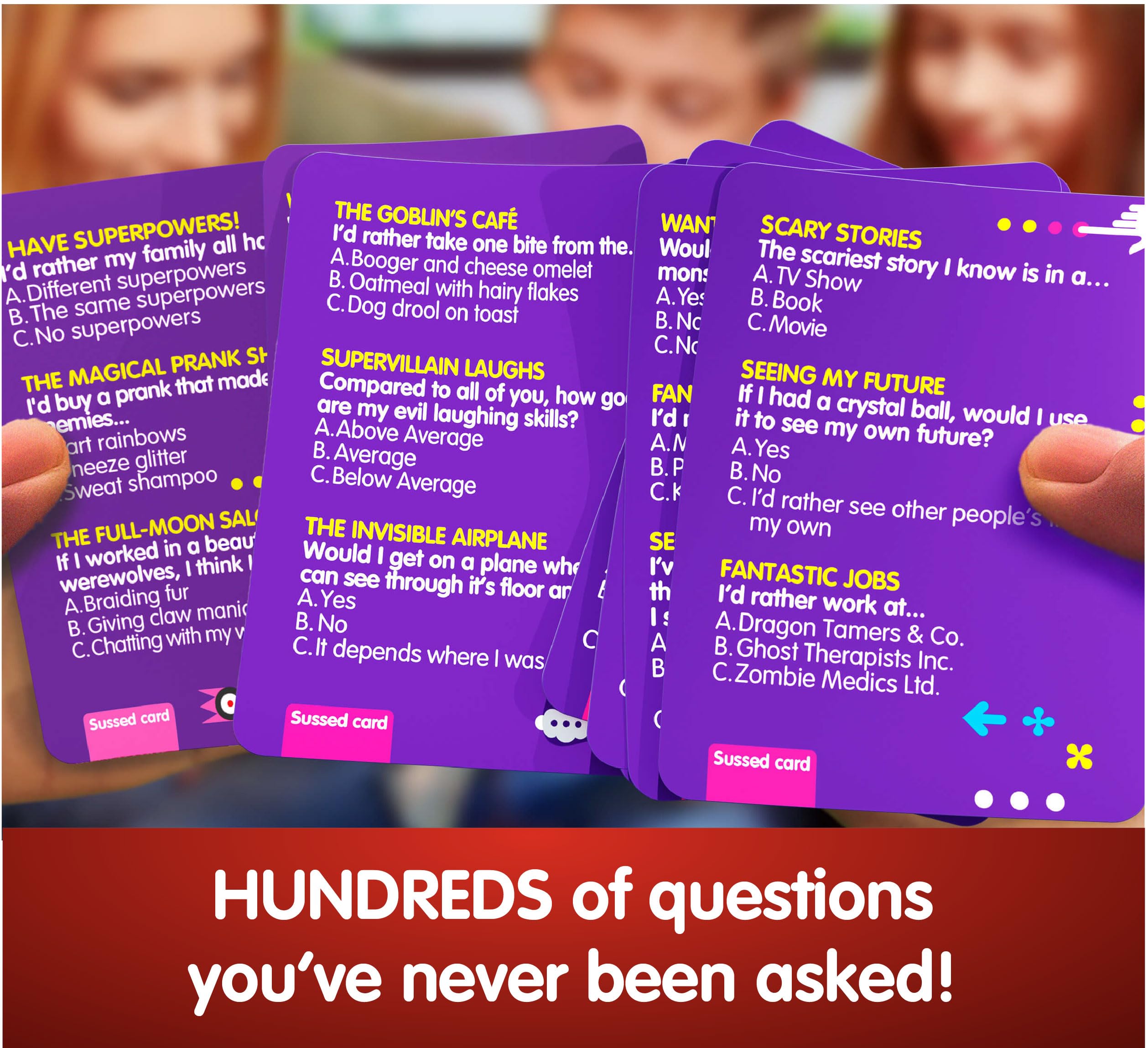 SUSSED Das verrückte Spiel "What Would You Do?", schnelles und lustiges Kartenspiel, ab 8 Jahren, für 2–8 Spieler, 15–30 Minuten Spielzeit, violettes Deck