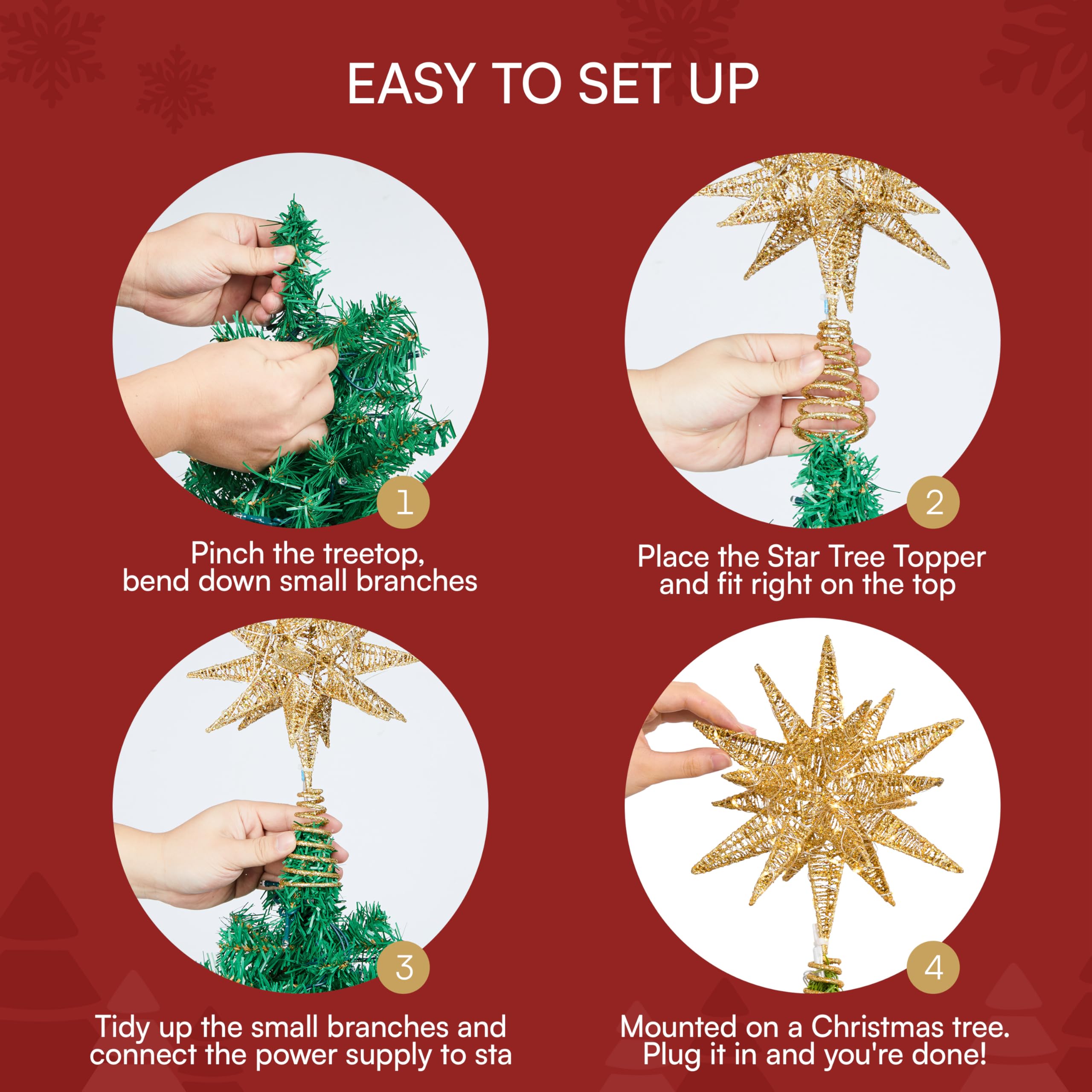 JOIEDOMI Cimier de sapin de Noël en métal 3D pailleté de 27,9 cm, blanc chaud, 36 LED avec prise minuteur, décoration de sapin de Noël, décoration d'intérieur