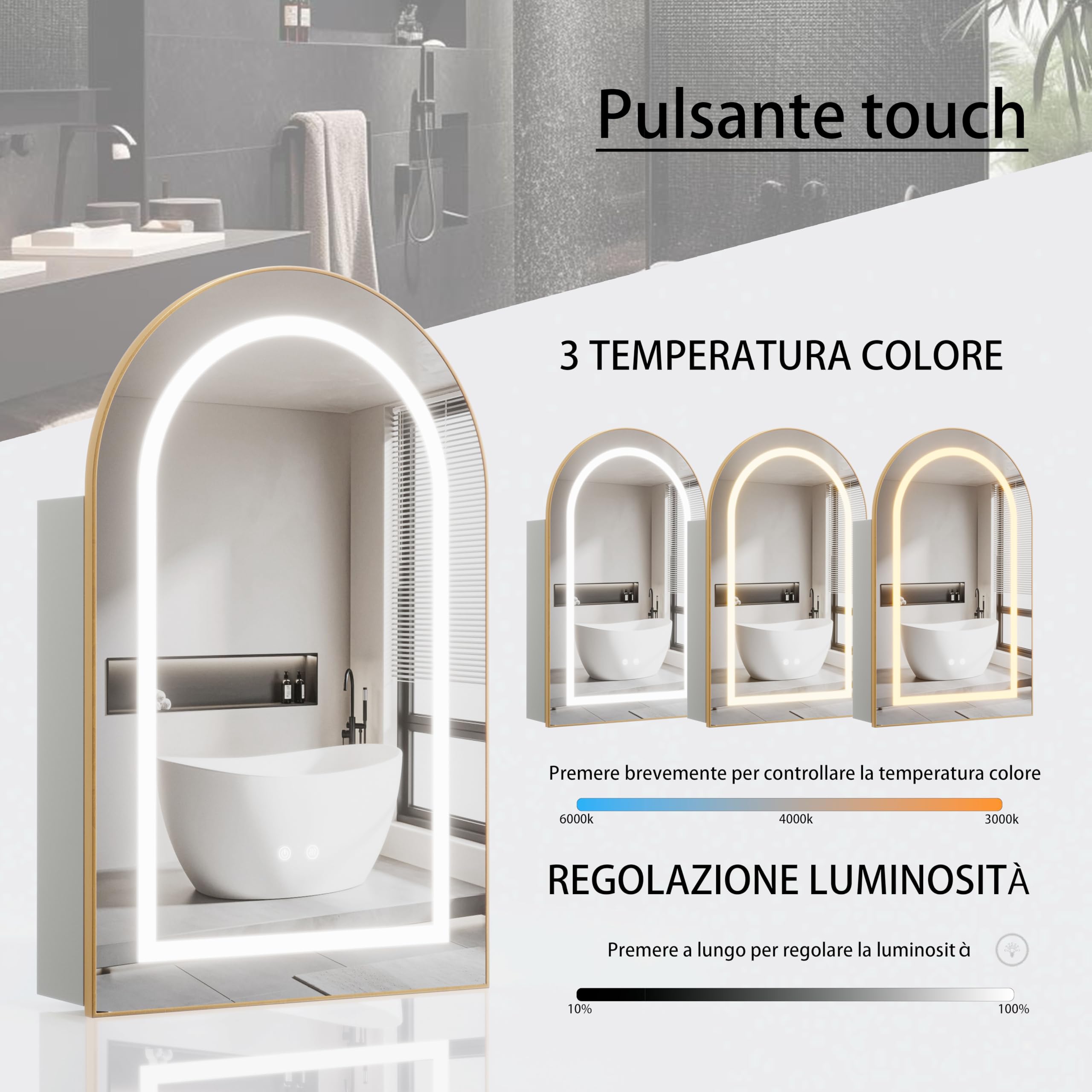 Specchio Bagno Contenitore con 3 Colori Luce e 1 AC/2 USB, Armadio Specchio Bagno con Deumidificazione con 1 Tocco e Funzione di Memoria(Oro Bianco)