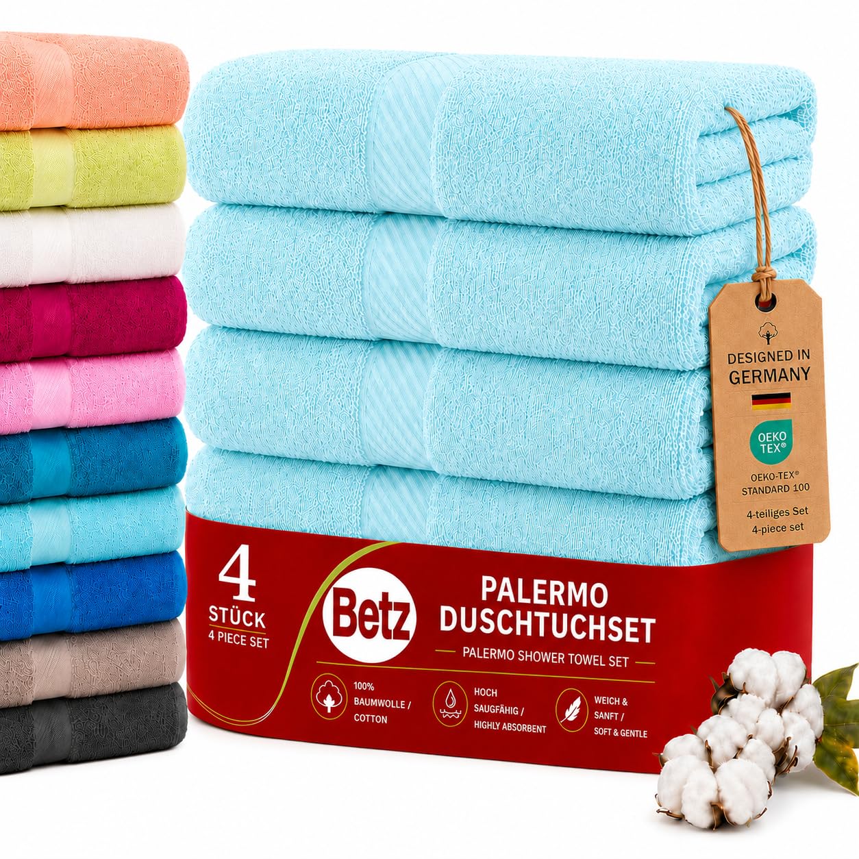 Betz Paquete de 4 Toallas de Ducha Palermo 100% algodón 70x140 cm Toallas de baño Deporte Color Turquesa