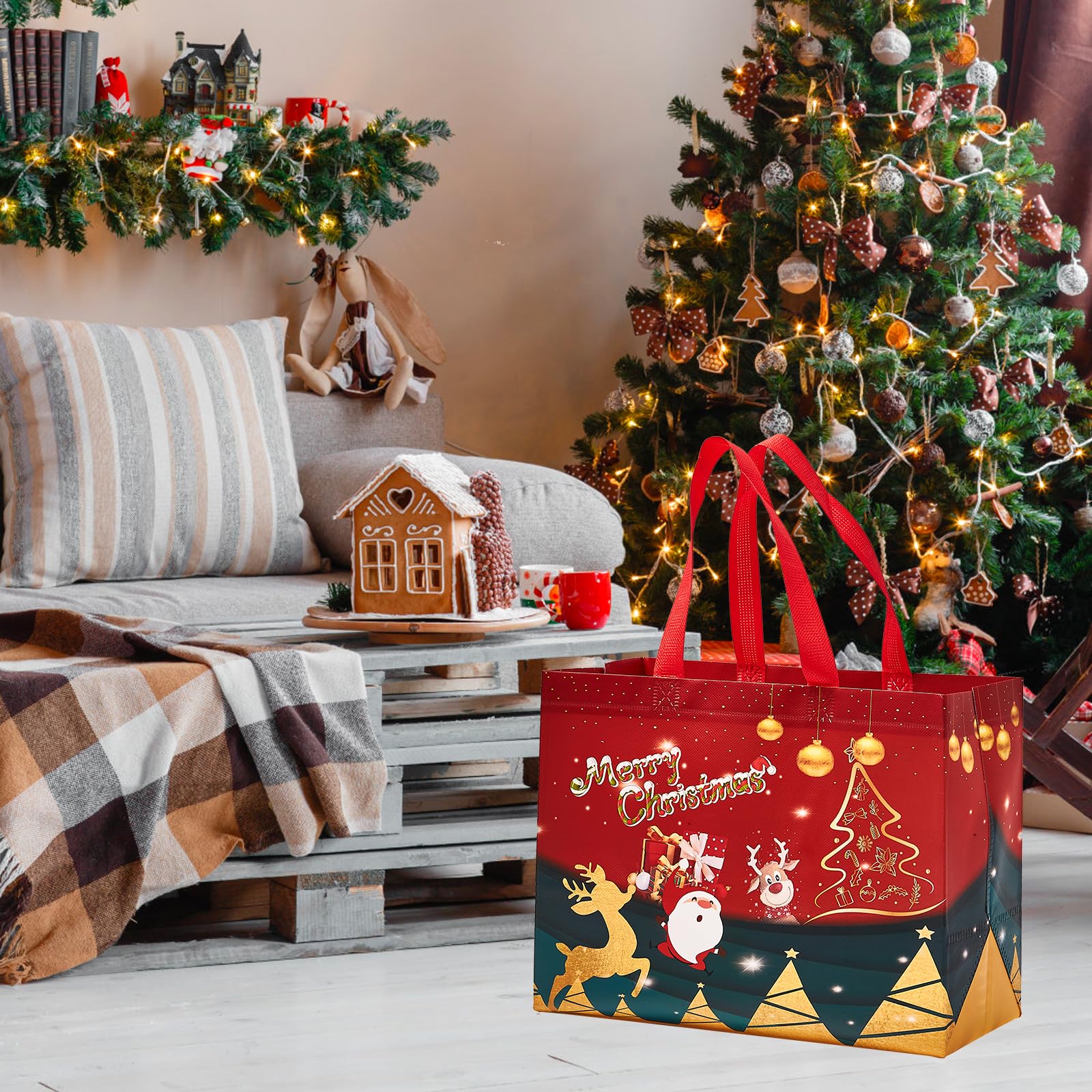 sishunhang 8PCS Christmas Gift Bags, Large Non-Woven Tote Bags with Handle For Christmas Event Party Wrapping Shopping, Xmas Party Supplies 12.8"*6.7"*9.8"