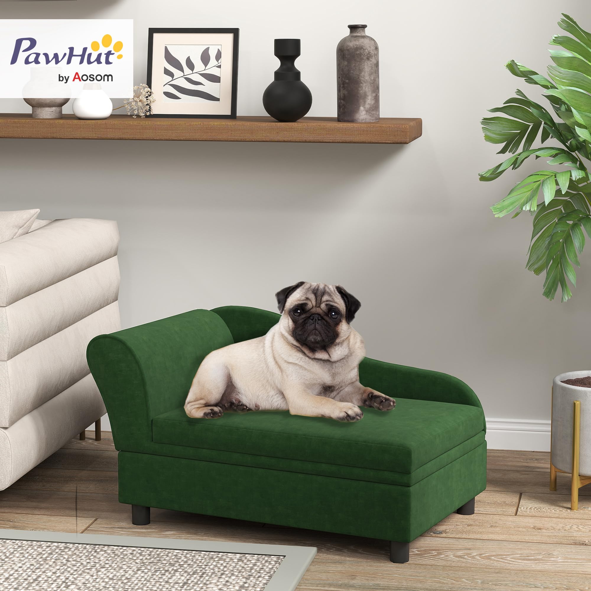 PawHut Canapé Chien Chat sur Pied avec Coffre de Rangement Style Moderne Coussin d'assise Amovible Grand Confort 76 x 45 x 43 cm Vert