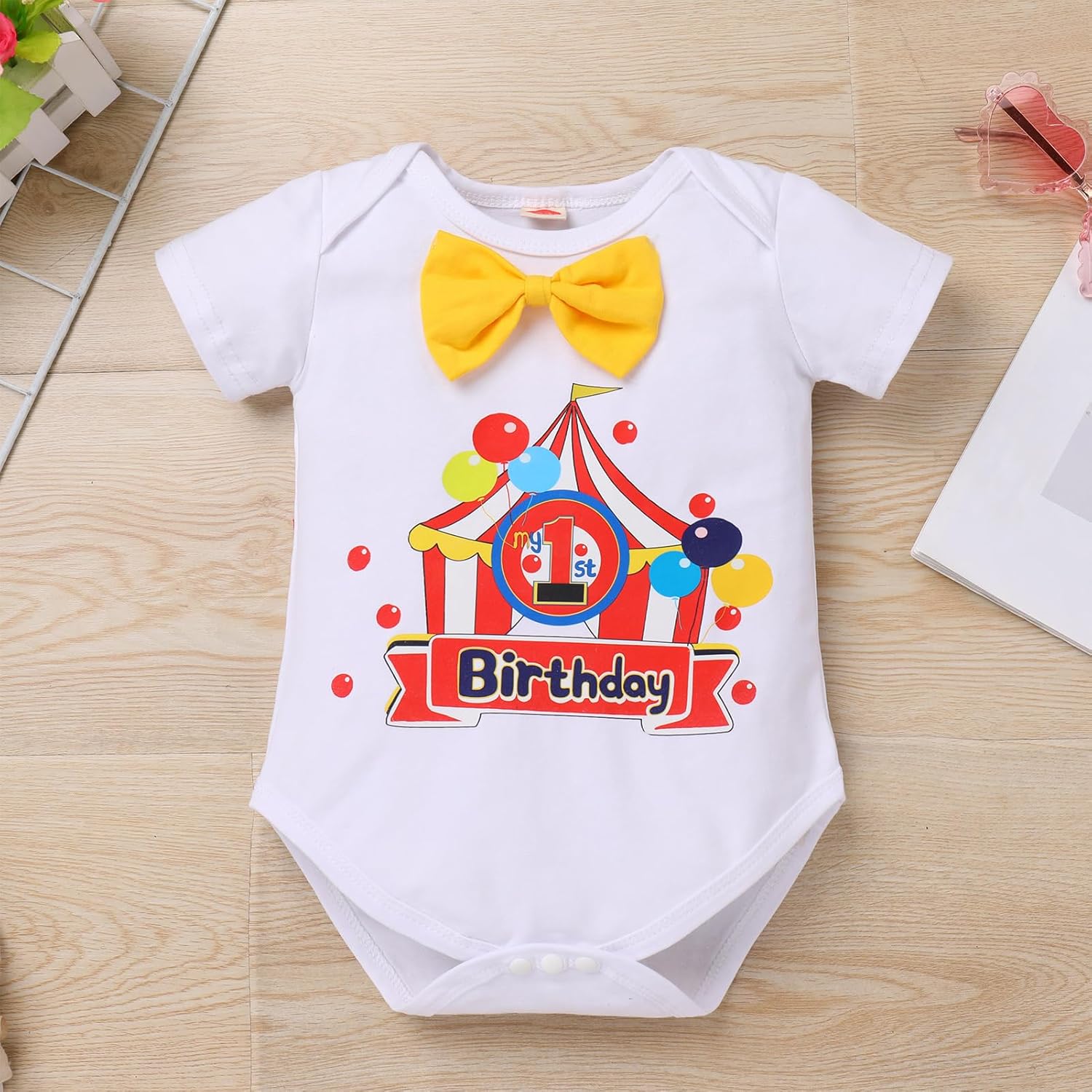 IBTOM CASTLE Circus Carnival First Birthday Outfit Boy Clown Short Sleeve Romper Bodysuit Shorts Crown Headband Clothes Set - Image 6
