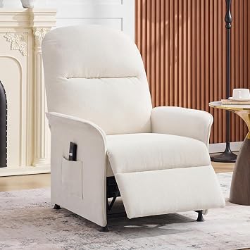 Power Recliner Chair with Remote Control, 21" Seat Small Recliners with Side Pocket for Adults, Thick Cushions Chair for Living Room & Bedroom, Beige