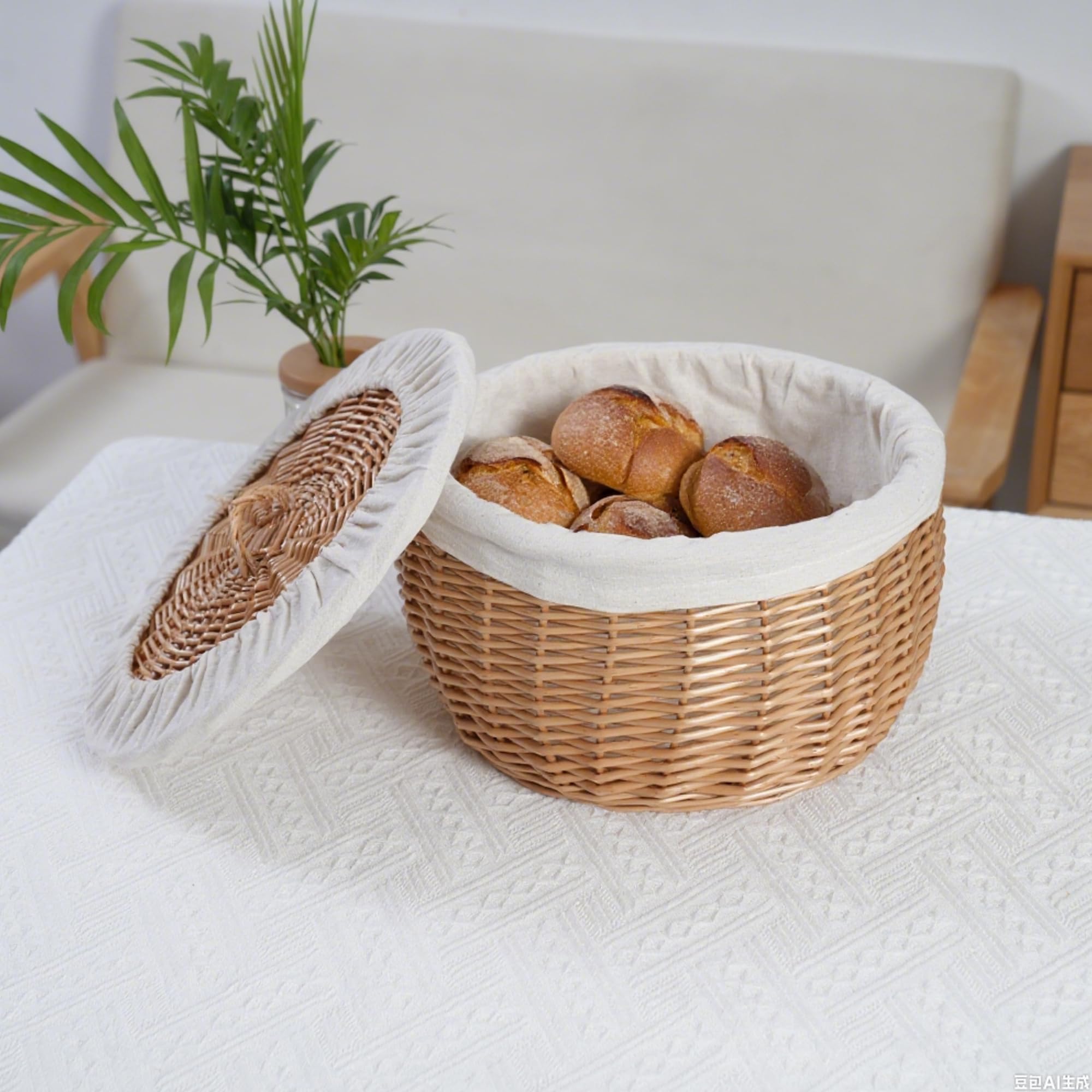 Cestino per il pane in vimini intrecciato a mano, con coperchio e fodera rimovibile, cestino per lievitazione di lievito naturale, ecologico, ideale per picnic e cene (rotondo)