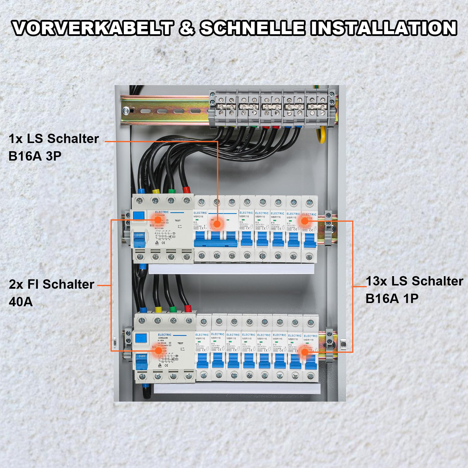 TEOV Unterverteilung Sicherungskasten, Vorverkabelt für Schnelle Installation, IP54 Wasserdicht, Aufputz Unterputz 3-Reihig, für Wohnungen Gewerbe (Ohne Überspannungsschutz)
