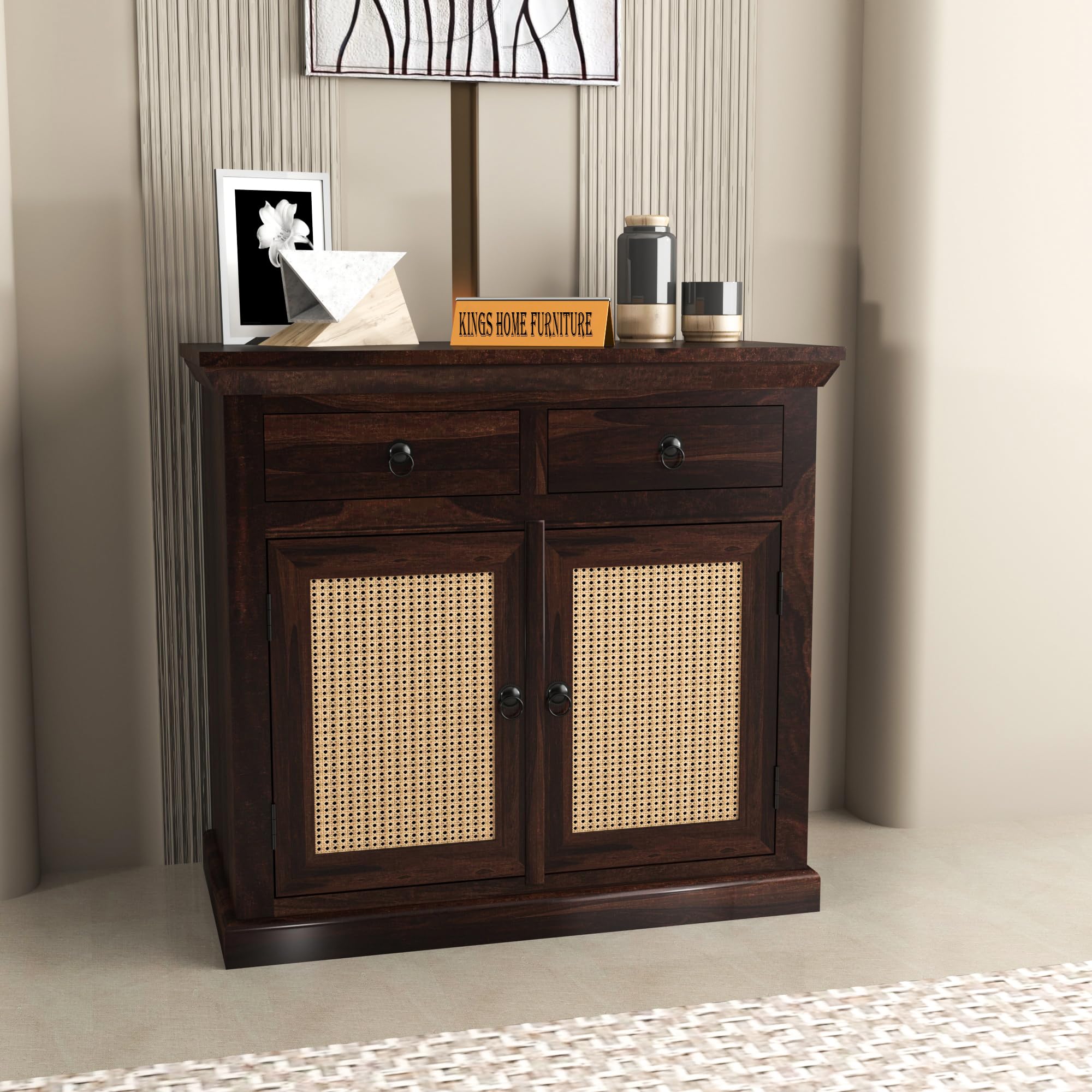 KINGS HOME FURNITURE Small Wooden Cabinet for Living Dining Drawing Bedroom & Office with 2 Drawer & 2 Rack - Solid Wood Sheesham Honey Finish Cabinet in Net Style (Walnut Finish)-image-22