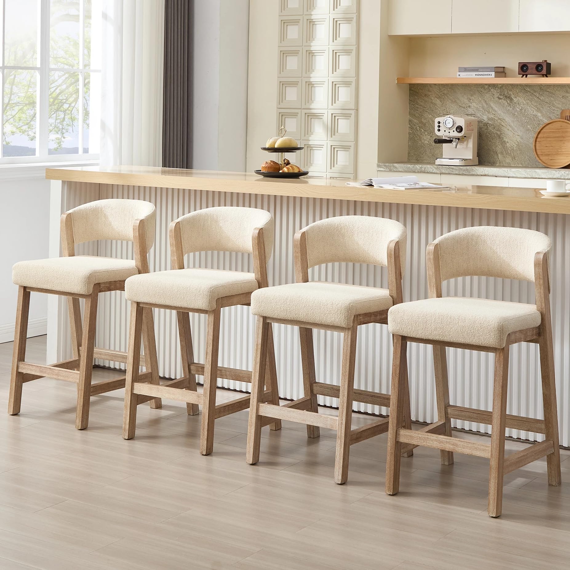 Zesthouse Wooden Counter Height Stools set of 4, Mid Century Kitchen Bar Stools with Back &amp; Solid Wood Legs, Farmhouse Upholstered Barstools for Kitchen Island, Beige Linen Fabric+Antique Brown Finish