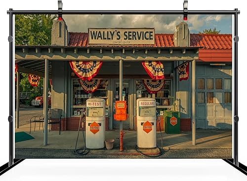 Telón de fondo retro para gasolinera de 7 x 5 pies, estación de servicio de Wally, bombas de gas, bandera de Estados Unidos, flor, autopista, tienda