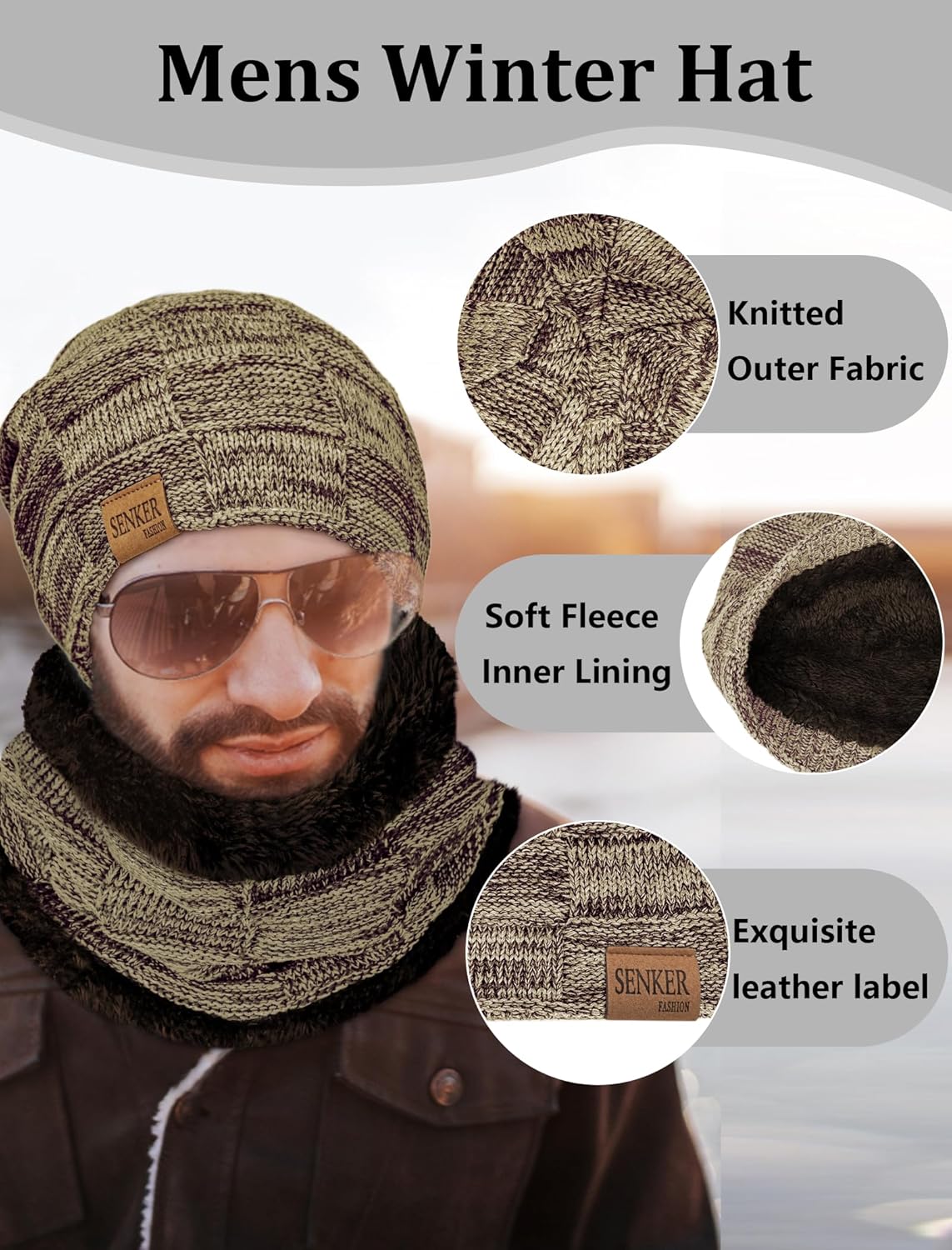 Senker Fashion Winter Hats Scarf and Gloves Set for Men Women, Slouchy Beanie Cap Neck Warmer Screen Touch Gloves Gifts - Image 2