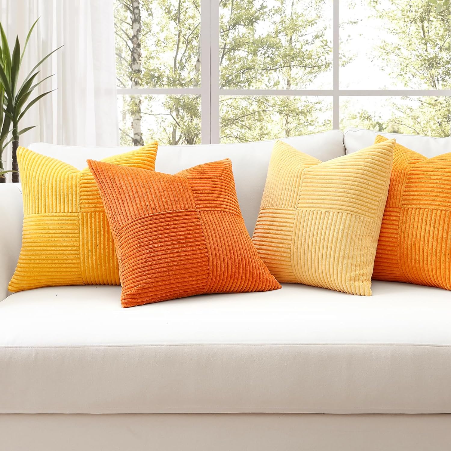 OTOSTAR Set of 4 Orange Decorative Throw Pillow Covers 24x24 Inch Fall Striped Corduroy Square Pillow Cases Boho Farmhouse Cushion Cover for Sofa Couch Bedroom Living Room with Invisible Zipper
