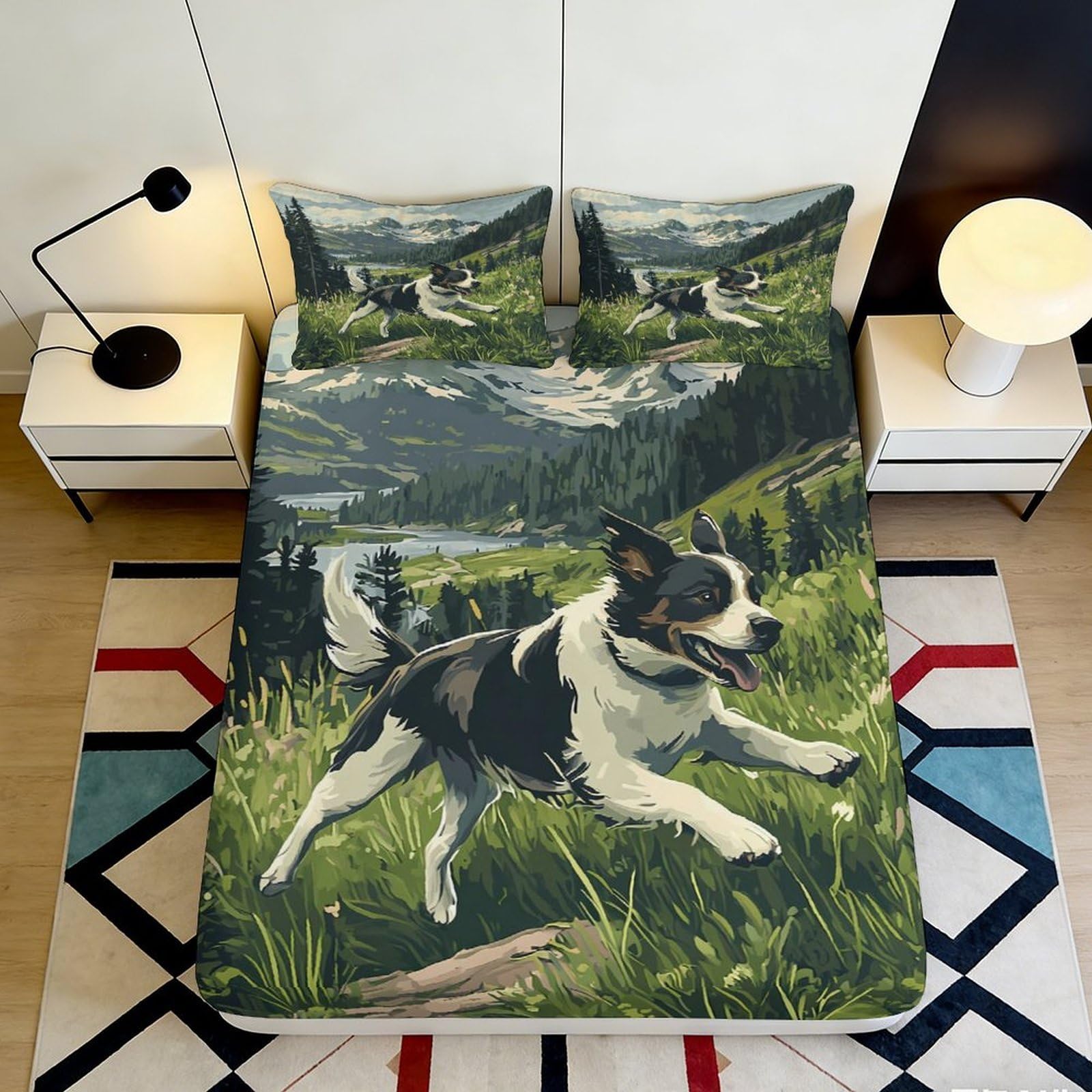 3D Printed Shepherd Dog Grass Fitted Sheet Microfiber Non-Slip Deep Pocket Bedroom Bedding Shepherd Dog Mattress Fitted Cover Washable 140x200x25cm