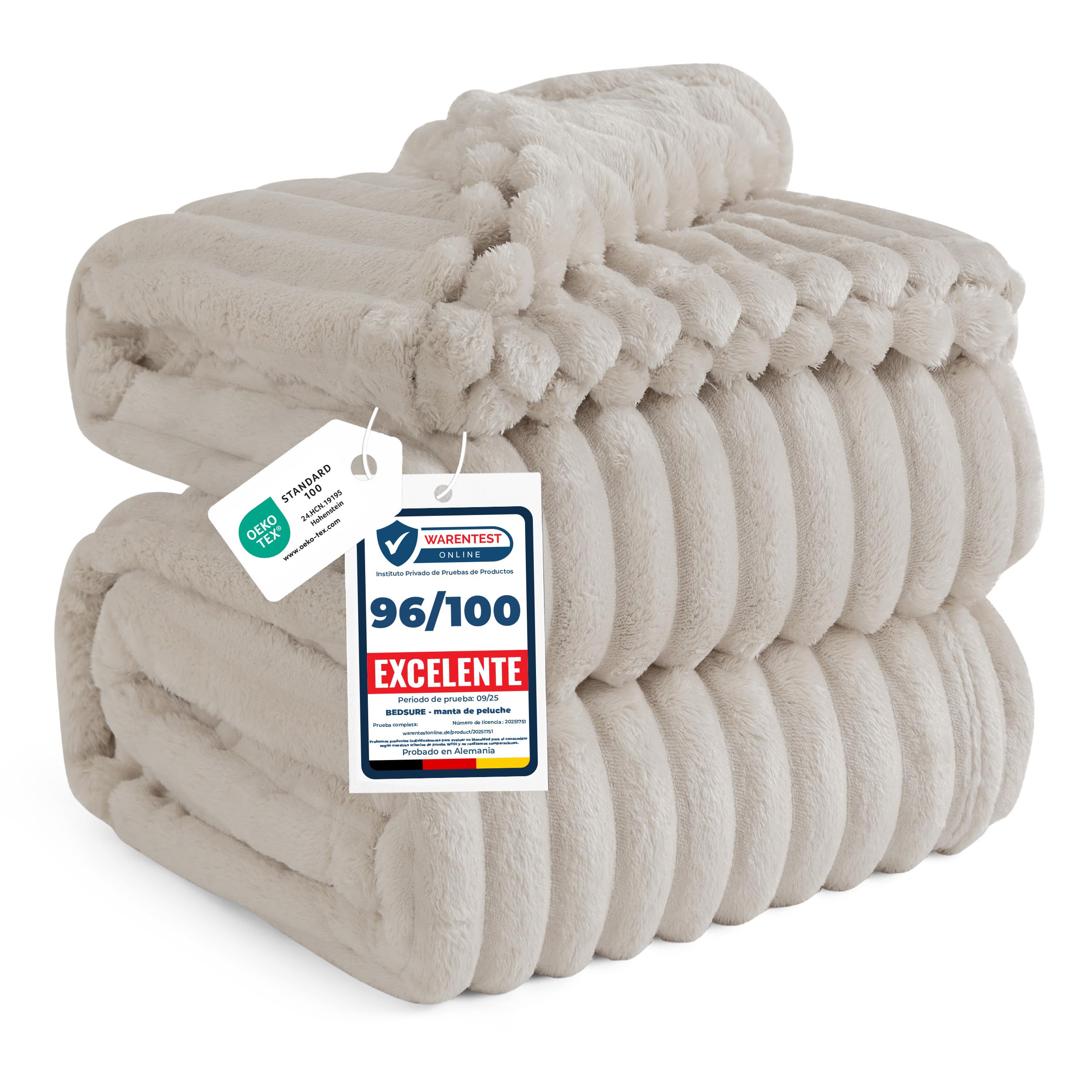 Bedsure Manta Sofá Polar Suave - Manta Gruesa y Esponjosa para Cama y Sofá, Cálida y Acogedora para Invierno, Diseño de Rayas Anchas, XXL 220 x 240 cm, Beige OEKO-TEX STANDARD 100