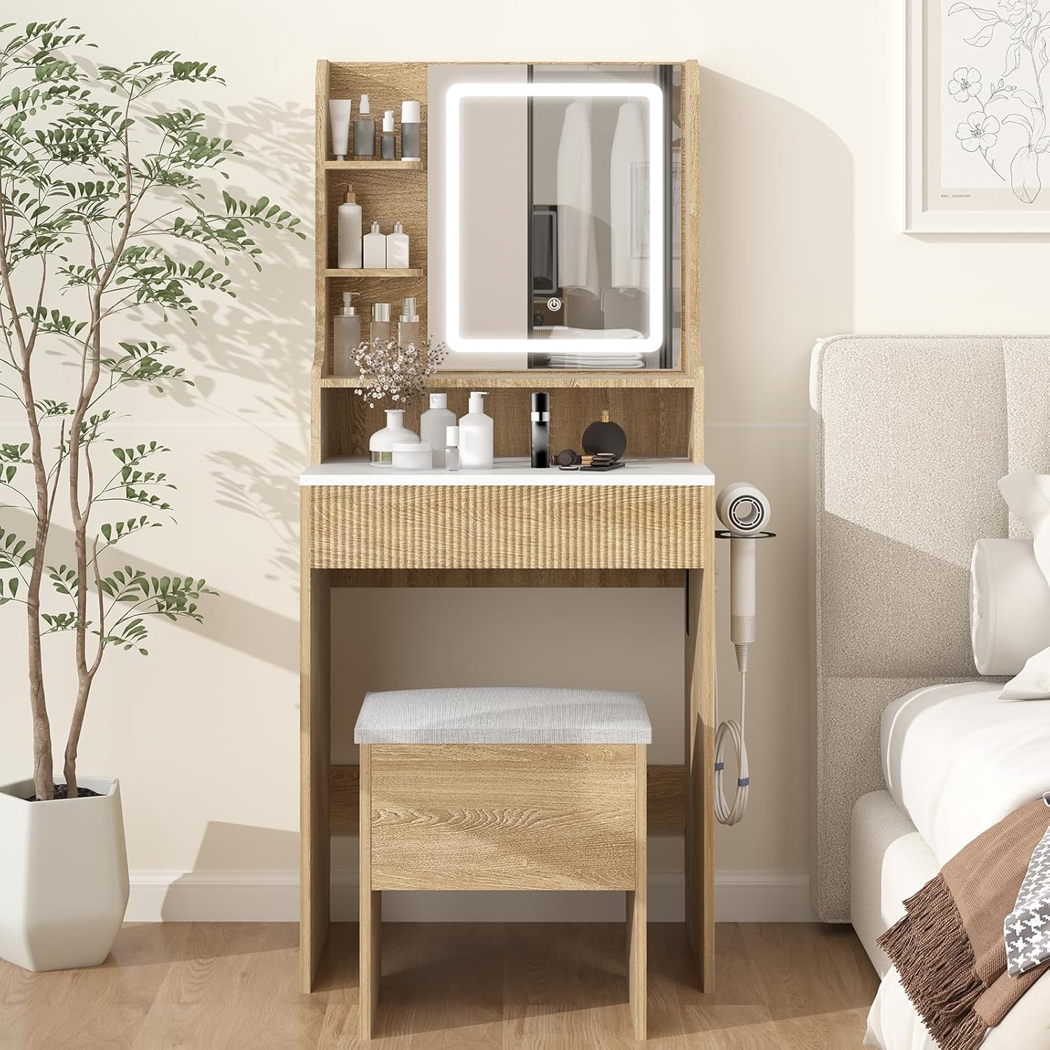 YOURLITE Fluted Makeup Vanity Desk with Mirror and Lights, 24" Small Vanity Table Set with LED Mirror & Stool, Dressing Table for Bedroom