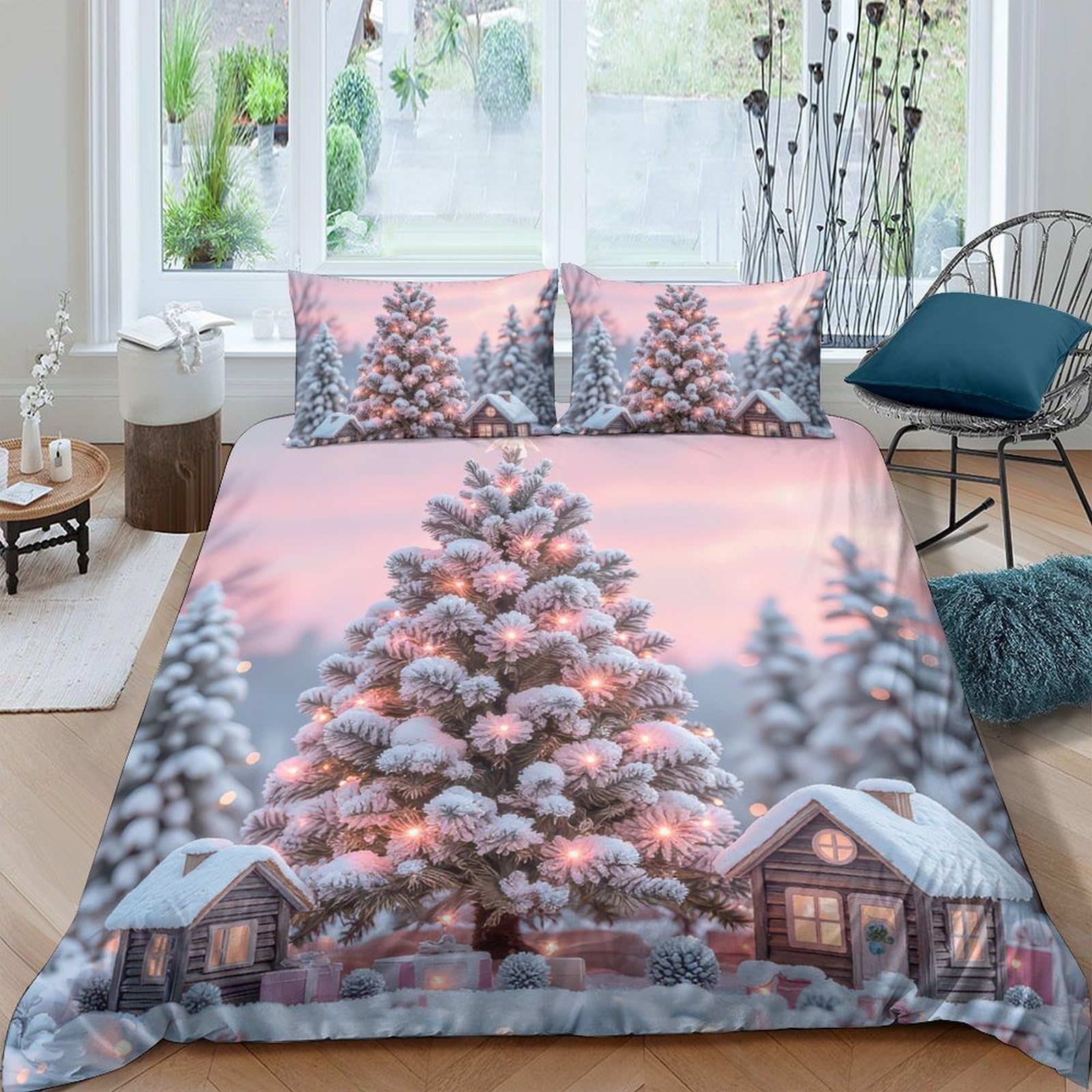 Ctjqhvkz Style-9 3D Printed Snowy Christmas Tree Fitted Sheet Microfiber Winter Cabin Bed Cover Anti-Slip Machine Washable For Bedroom Single（135X200cm）